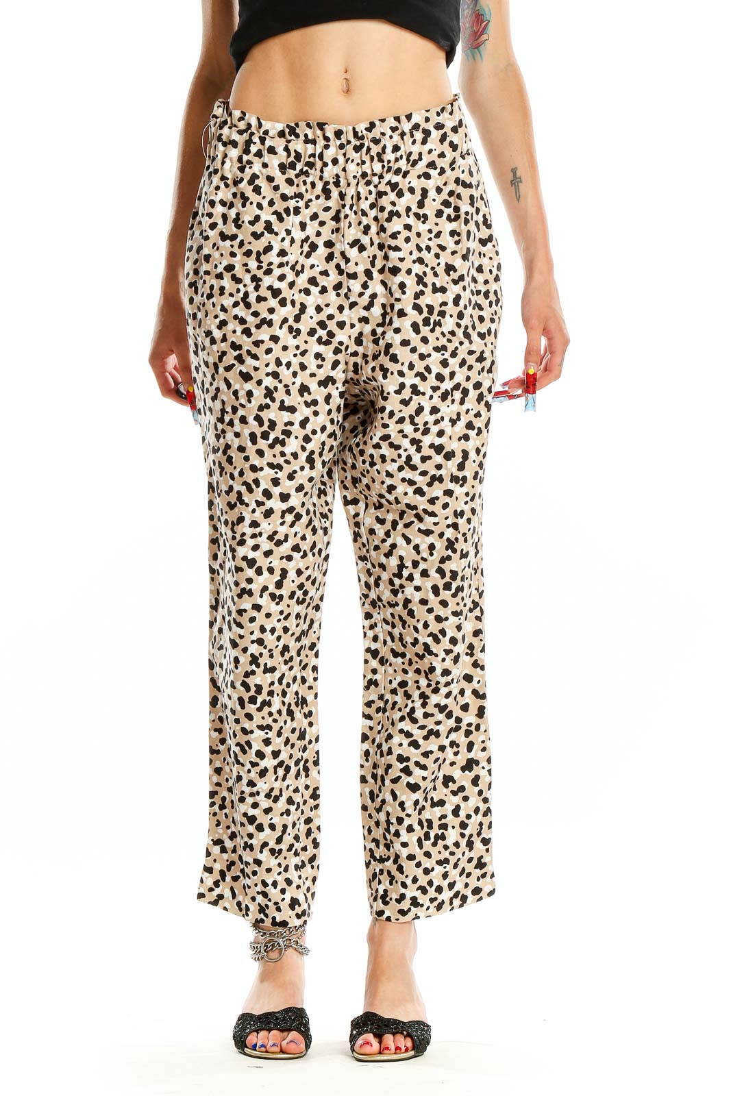 Front view of Ann Taylor beige leopard print wide-leg pants