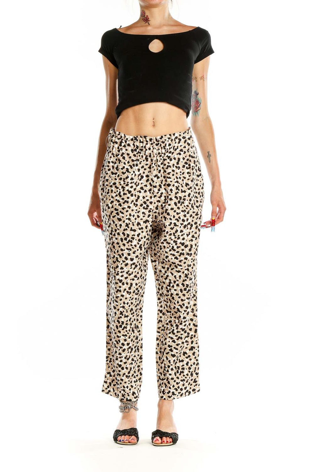 Front view of Ann Taylor beige leopard print wide-leg pants