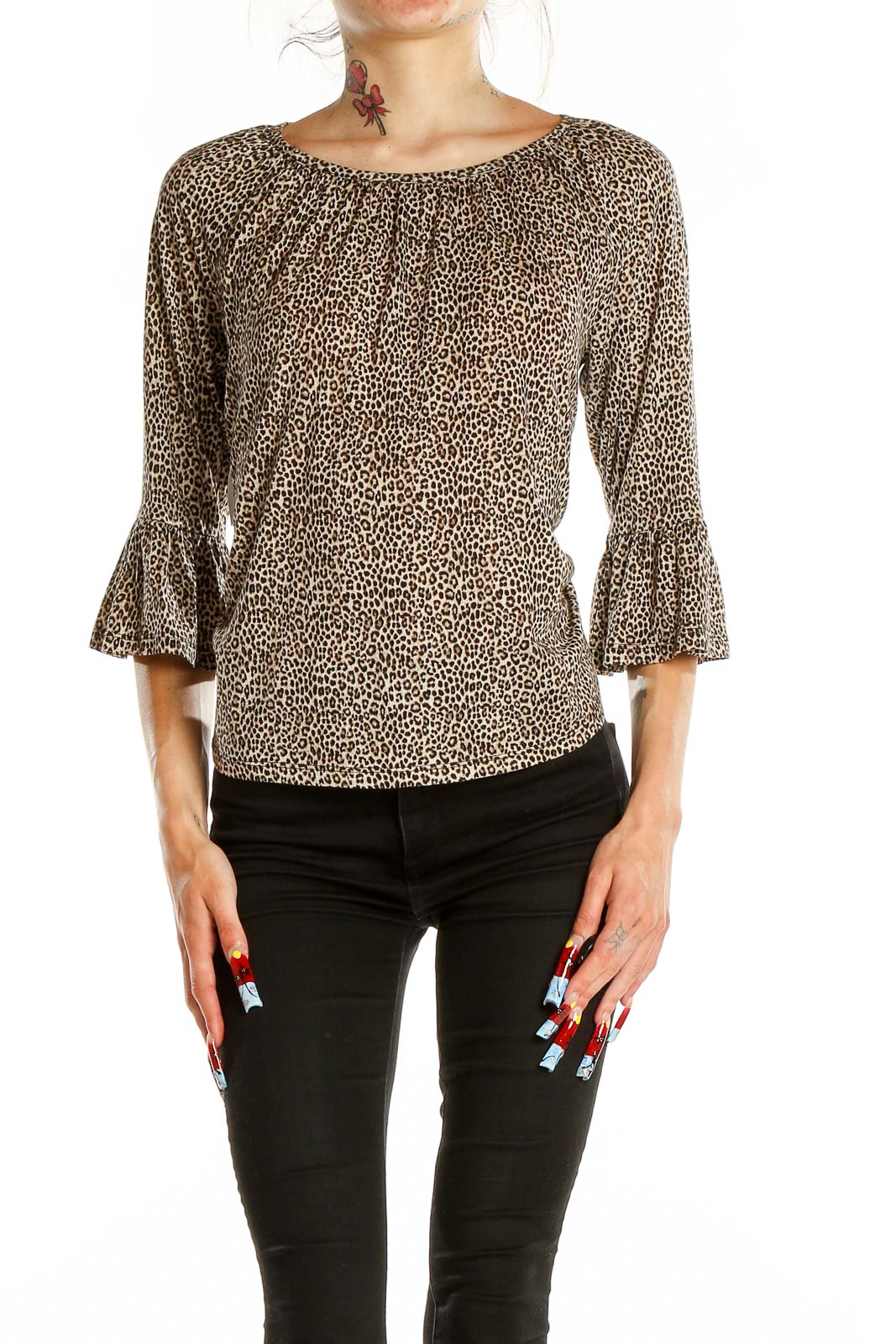 Front view of MICHAEL Michael Kors leopard print top with bell sleeves