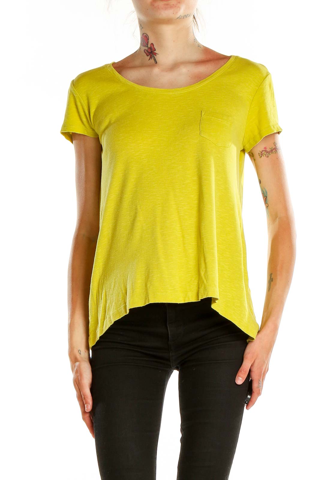 Front view of yellow Cynthia Rowley scoop neck t-shirt