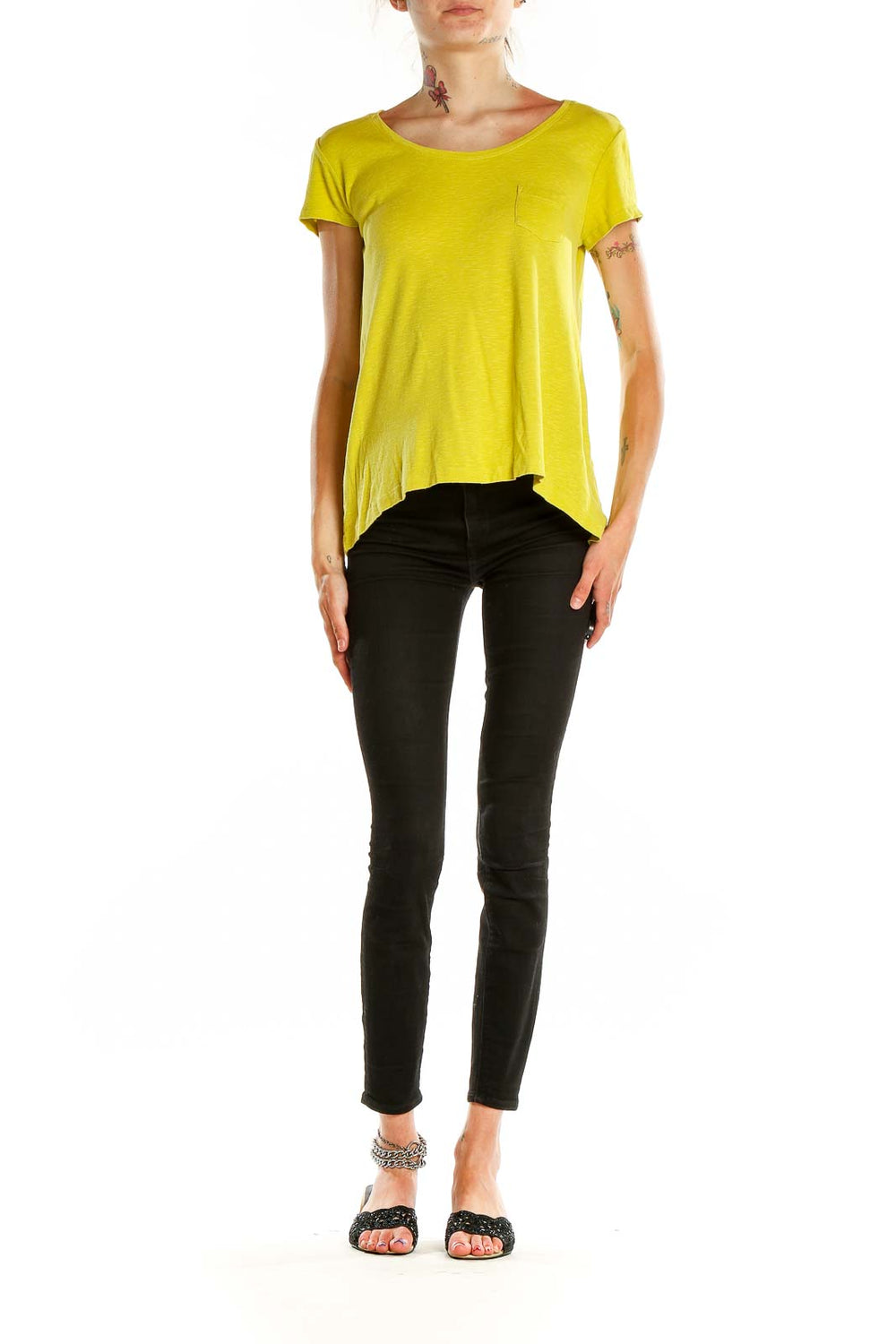 Front view of yellow Cynthia Rowley scoop neck t-shirt