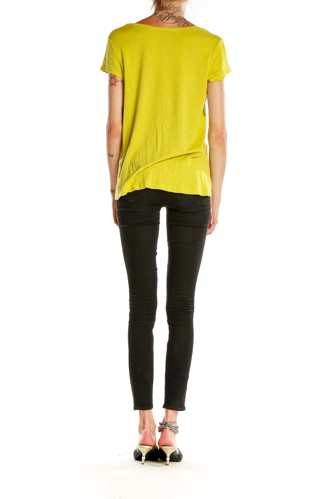 Back view of yellow Cynthia Rowley t-shirt showing high-low hemline