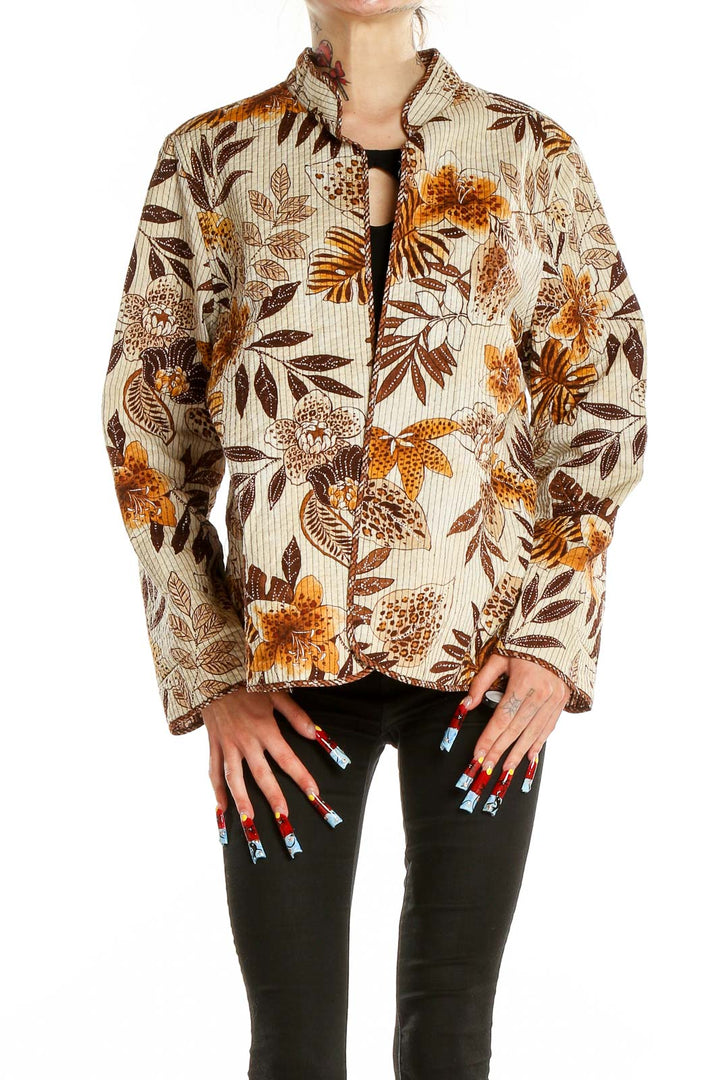 Front view of Alfred Dunner beige floral print quilted jacket