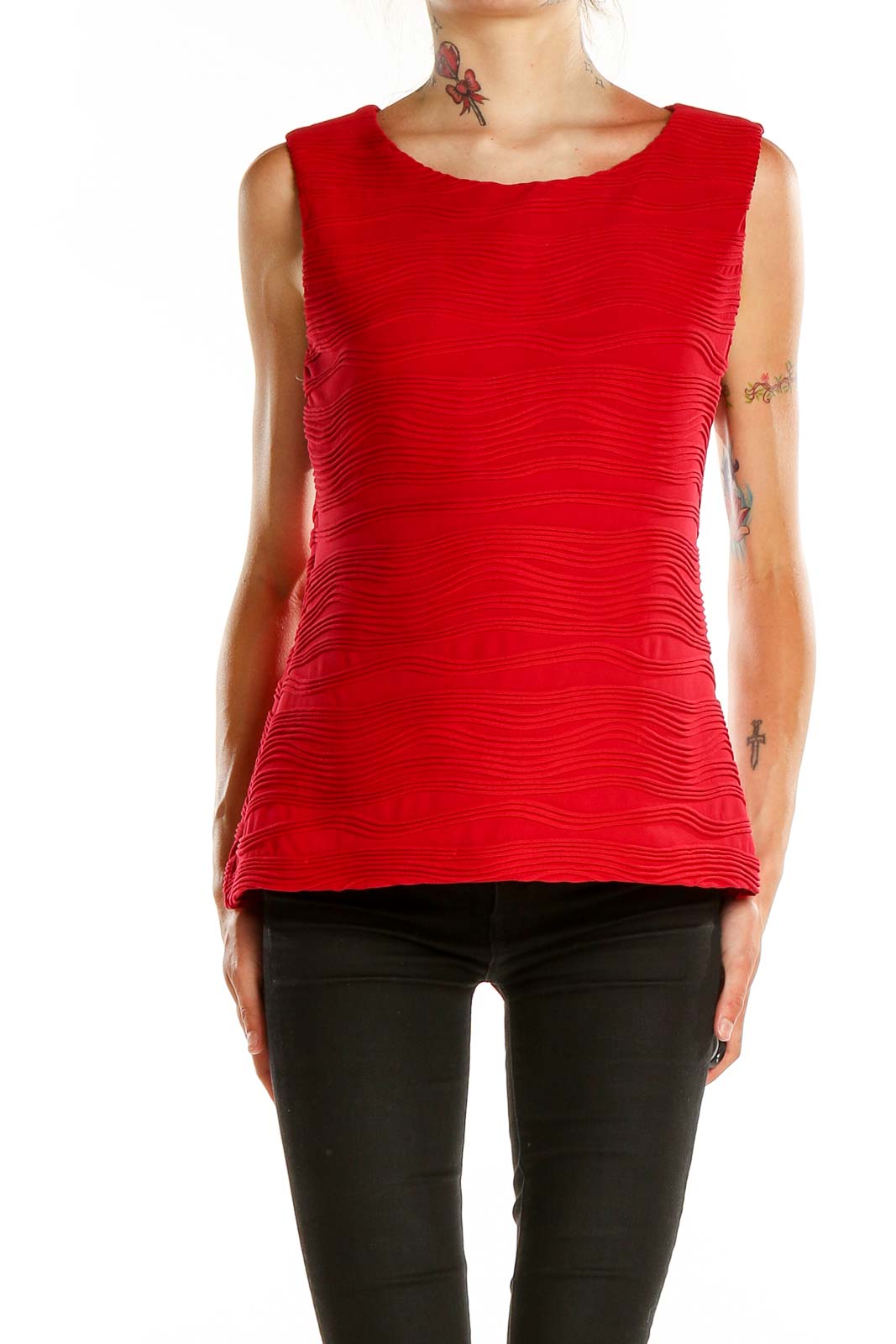 Front view of red textured sleeveless top by Calvin Klein