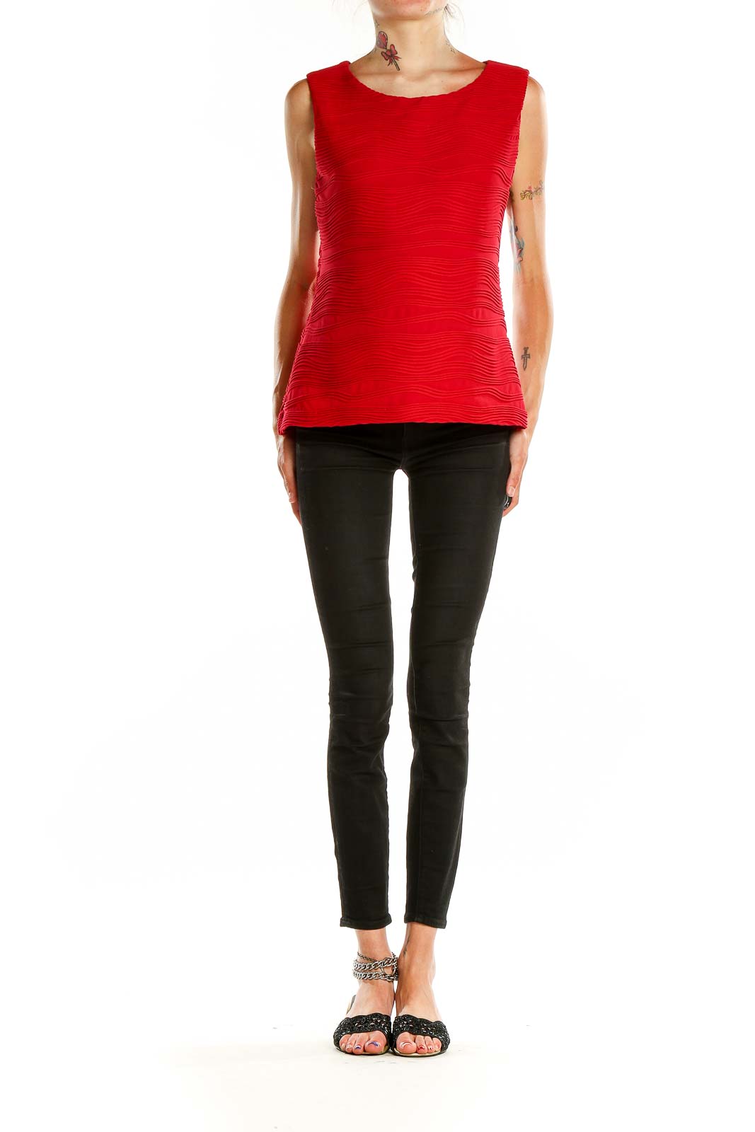 Front view of red textured sleeveless top by Calvin Klein