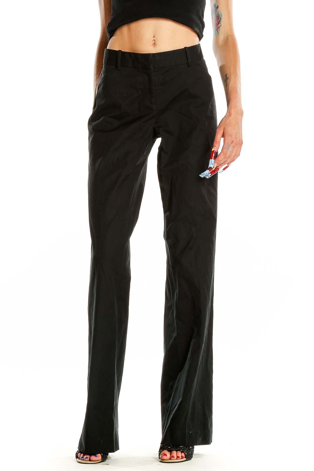 Front view of Theory black wide-leg dress pants on model