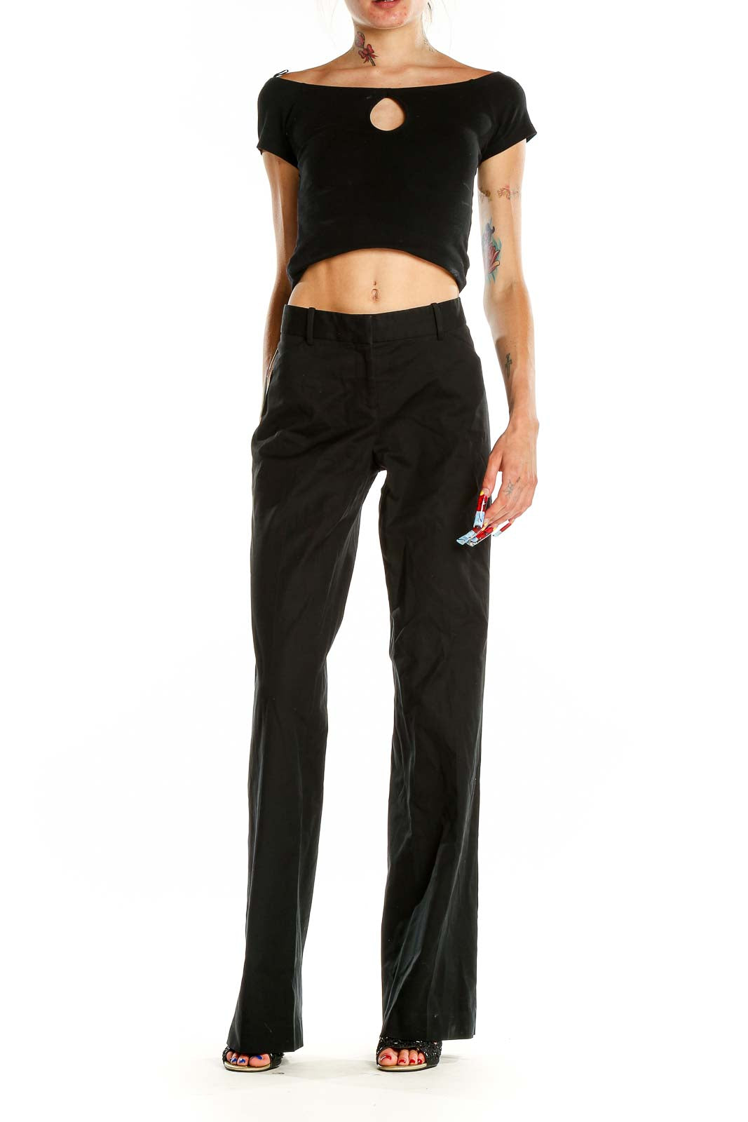 Front view of Theory black wide-leg dress pants on model