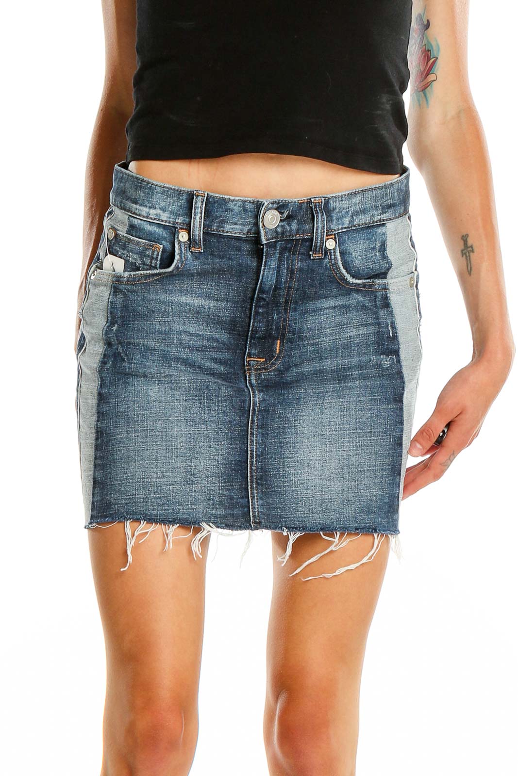 Front view of Hudson blue denim mini skirt with frayed hem