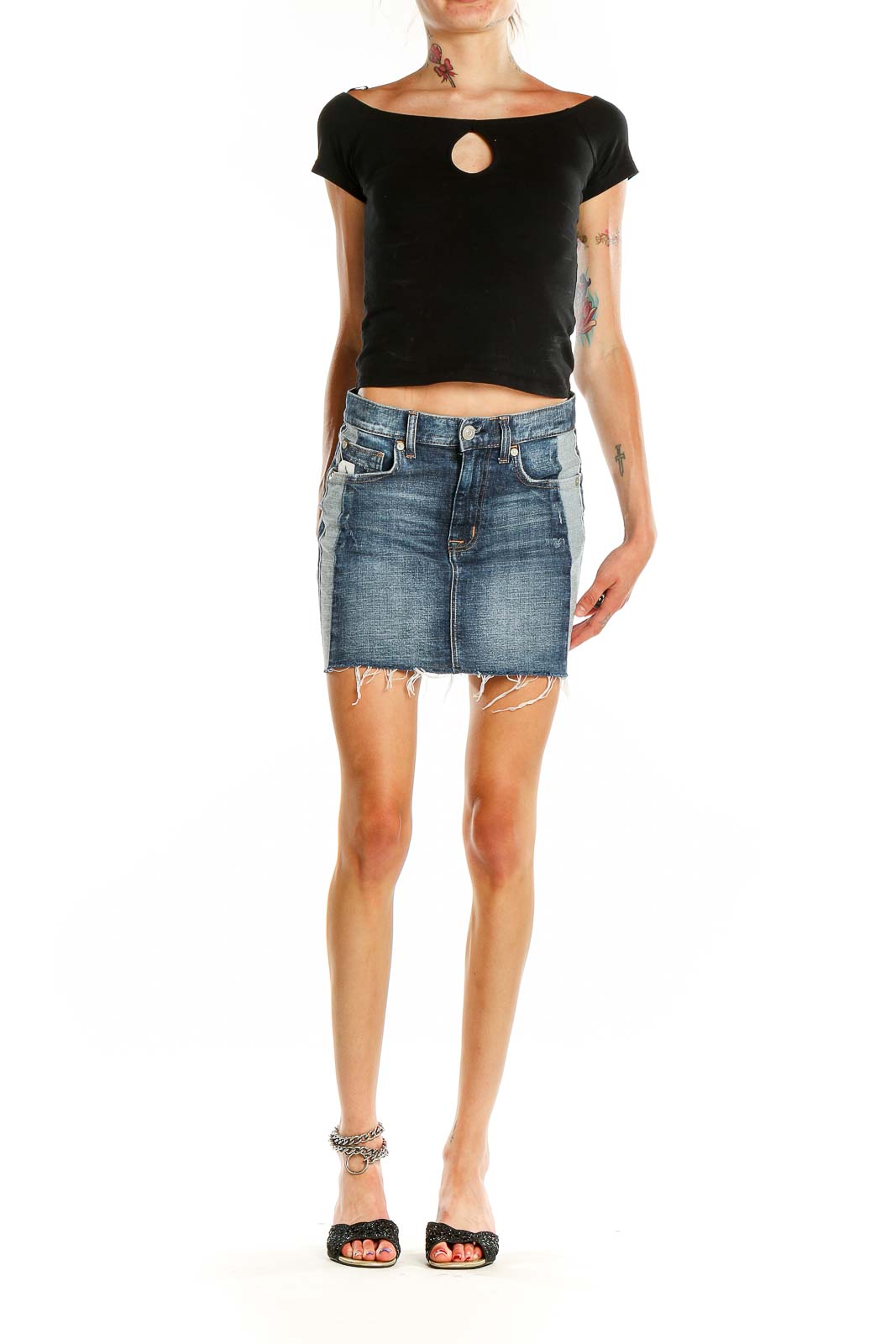 Front view of Hudson blue denim mini skirt with frayed hem