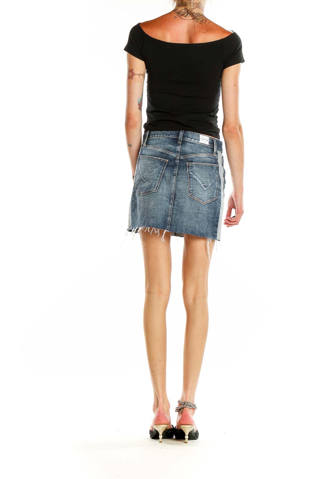 Back view of Hudson blue denim mini skirt showing pocket design