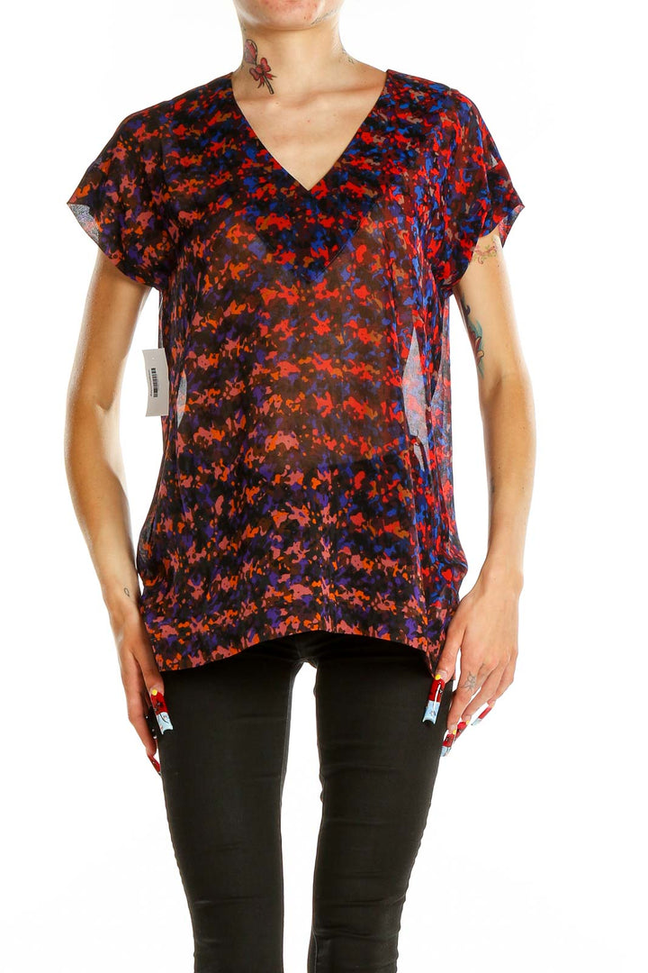 Front view of Cabi multicolor floral print V-neck blouse