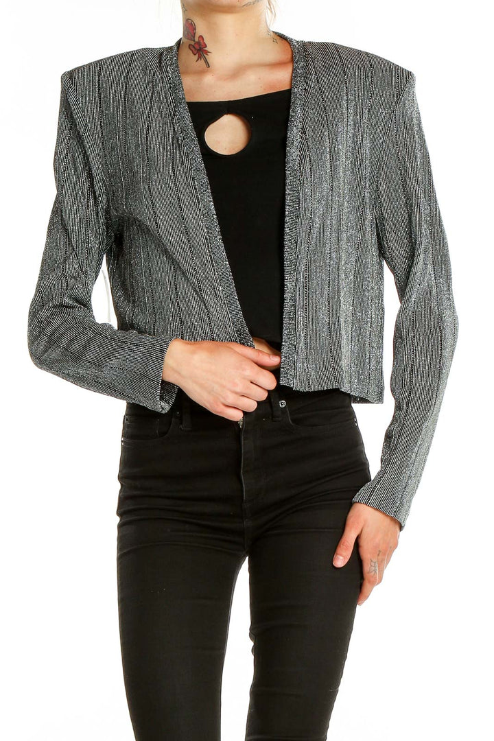 Front view of John Roberts gray metallic cropped blazer on model