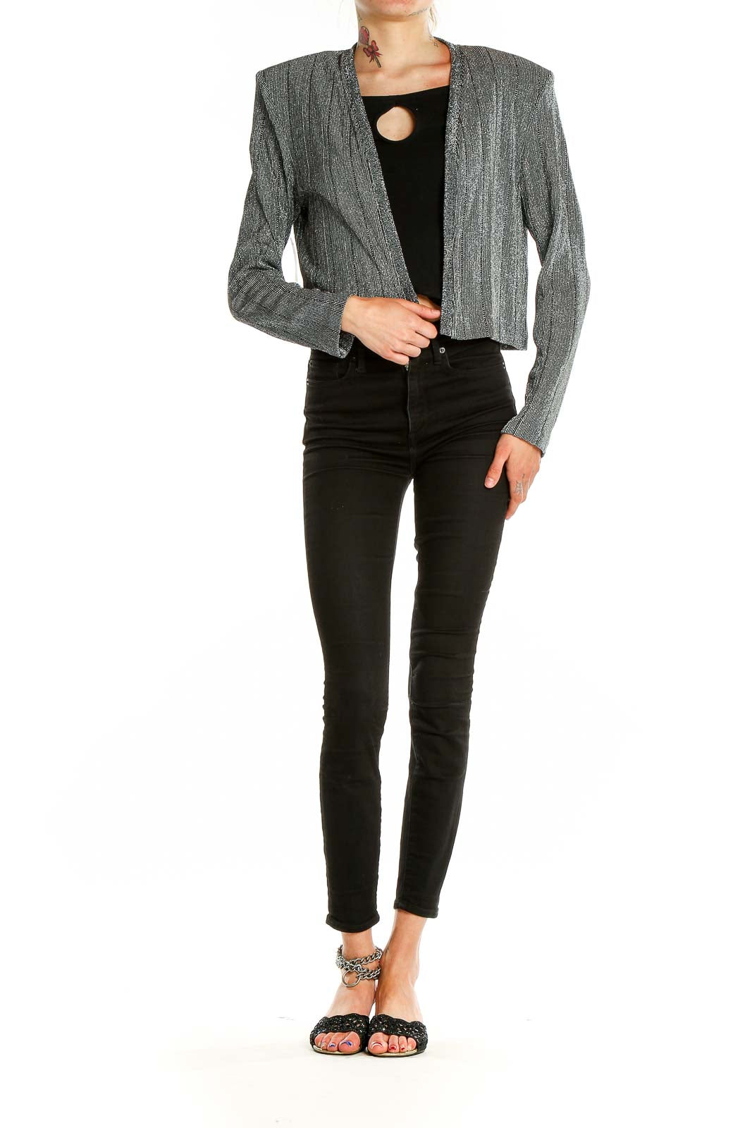 Front view of John Roberts gray metallic cropped blazer on model