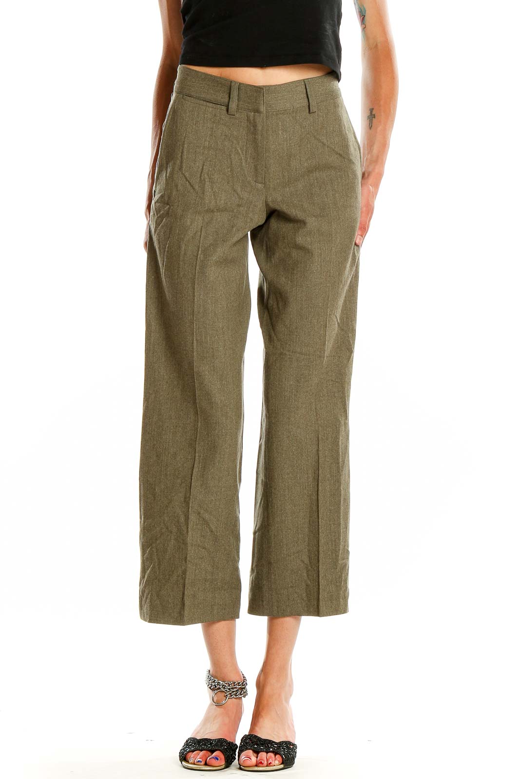 Front view of olive Theory wide-leg cropped trousers on model