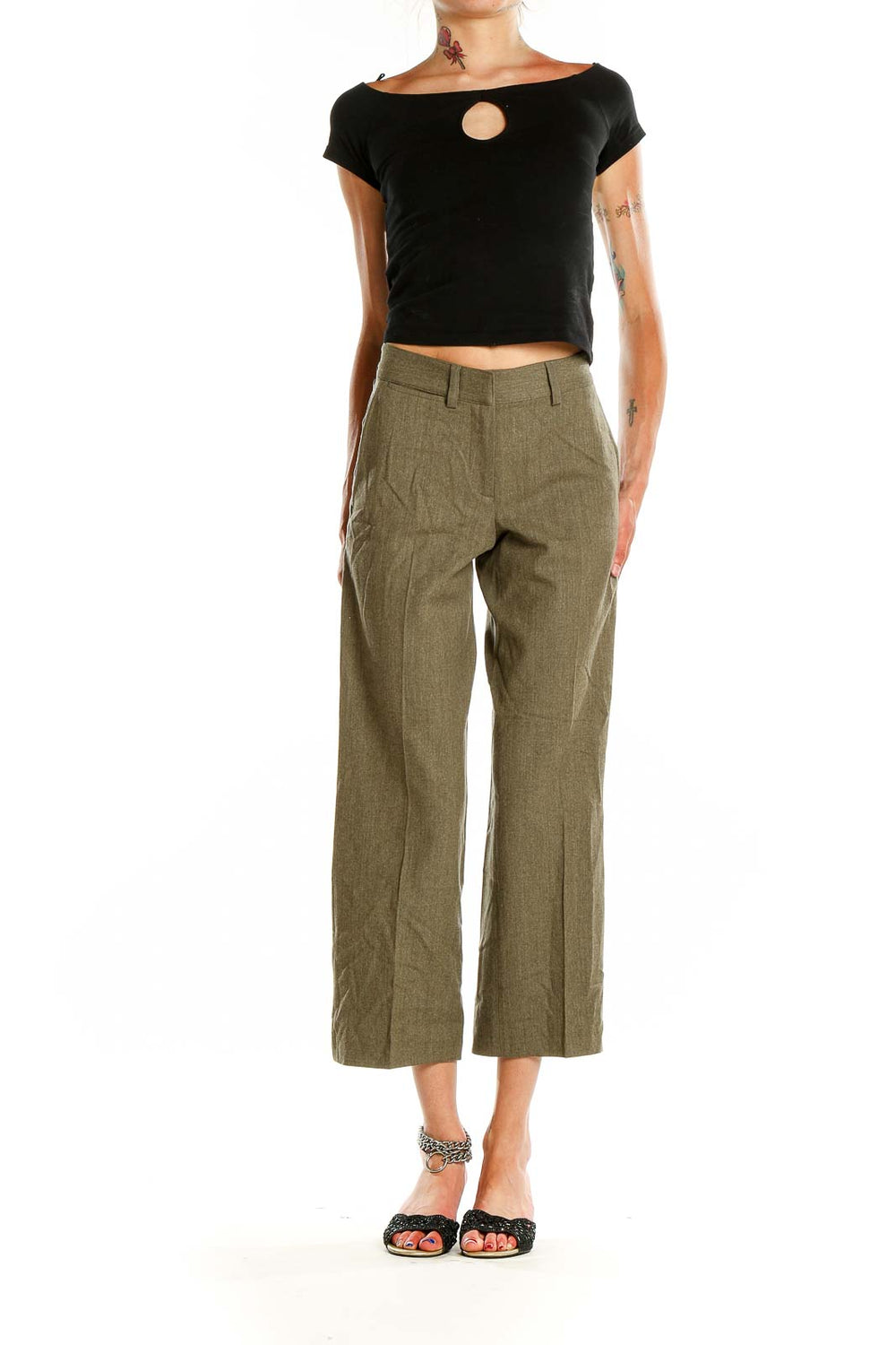 Front view of olive Theory wide-leg cropped trousers on model