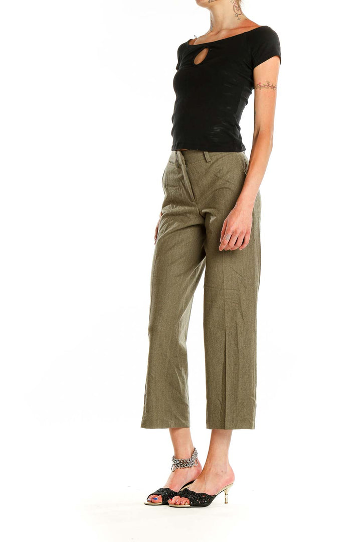 Front view of olive Theory wide-leg cropped trousers on model