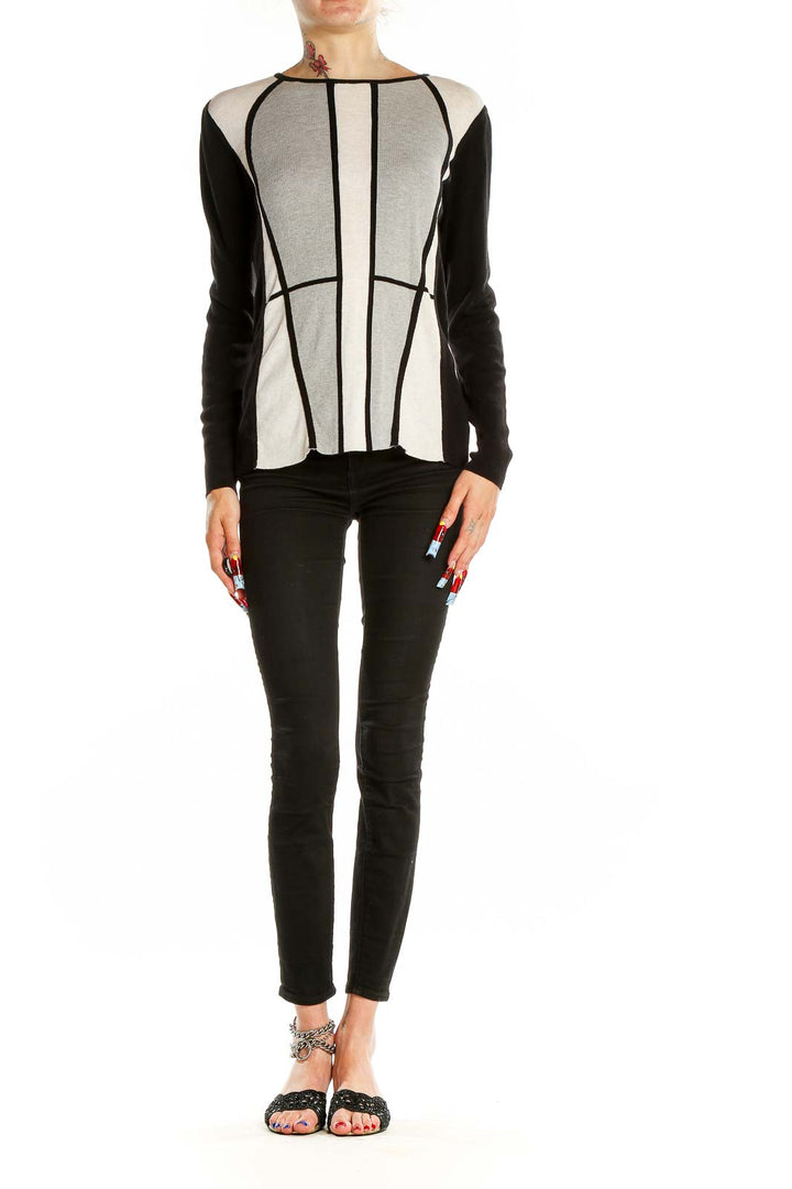 Front view of NIC + ZOE Black and White Color Block Long Sleeve Top