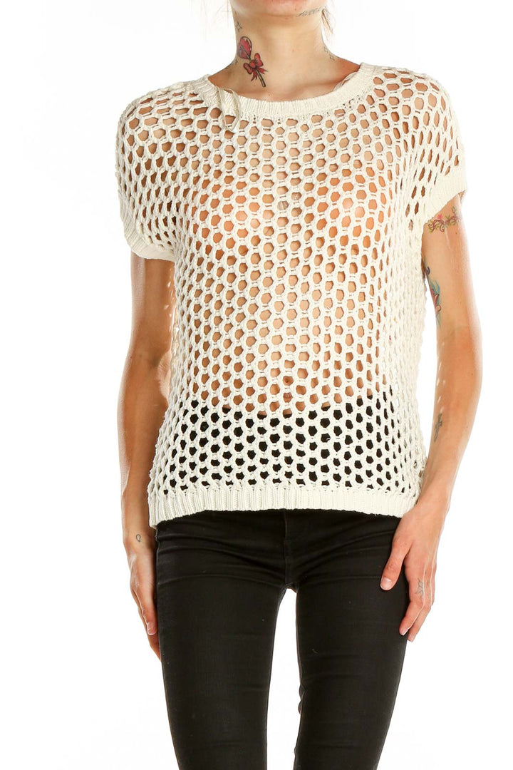 Front view of Vince Camuto white crochet knit short sleeve top