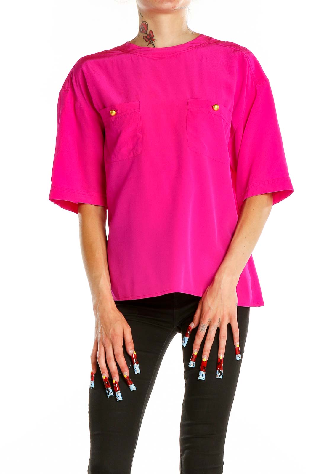 Front view of hot pink oversized Carlisle top with chest pockets