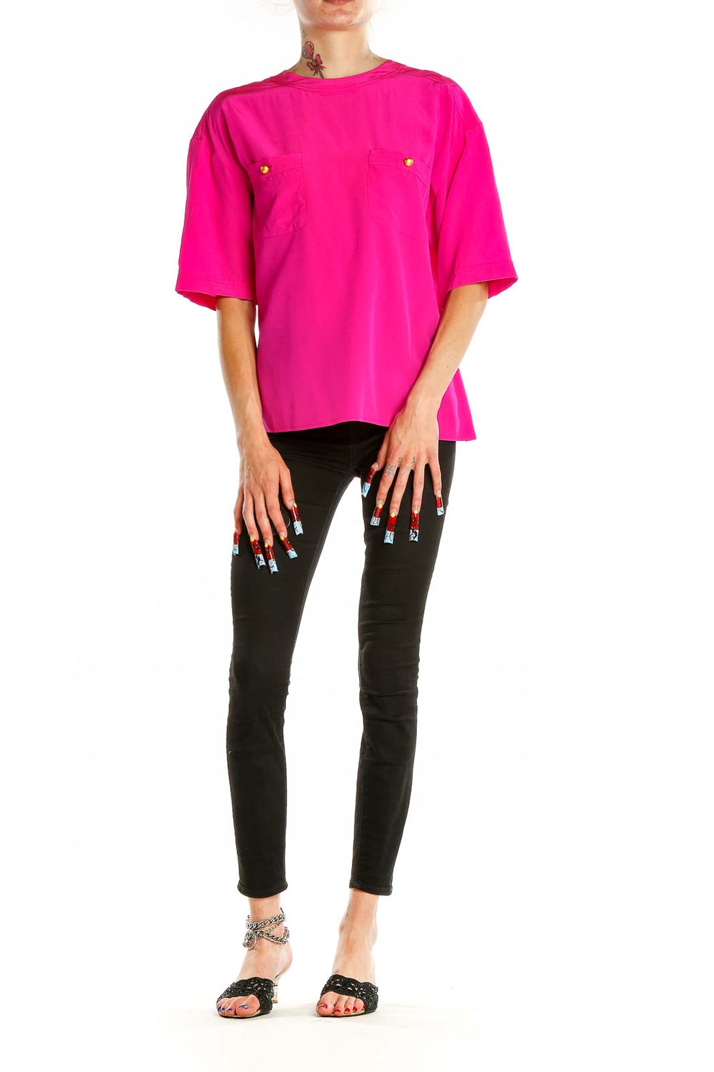 Front view of hot pink oversized Carlisle top with chest pockets