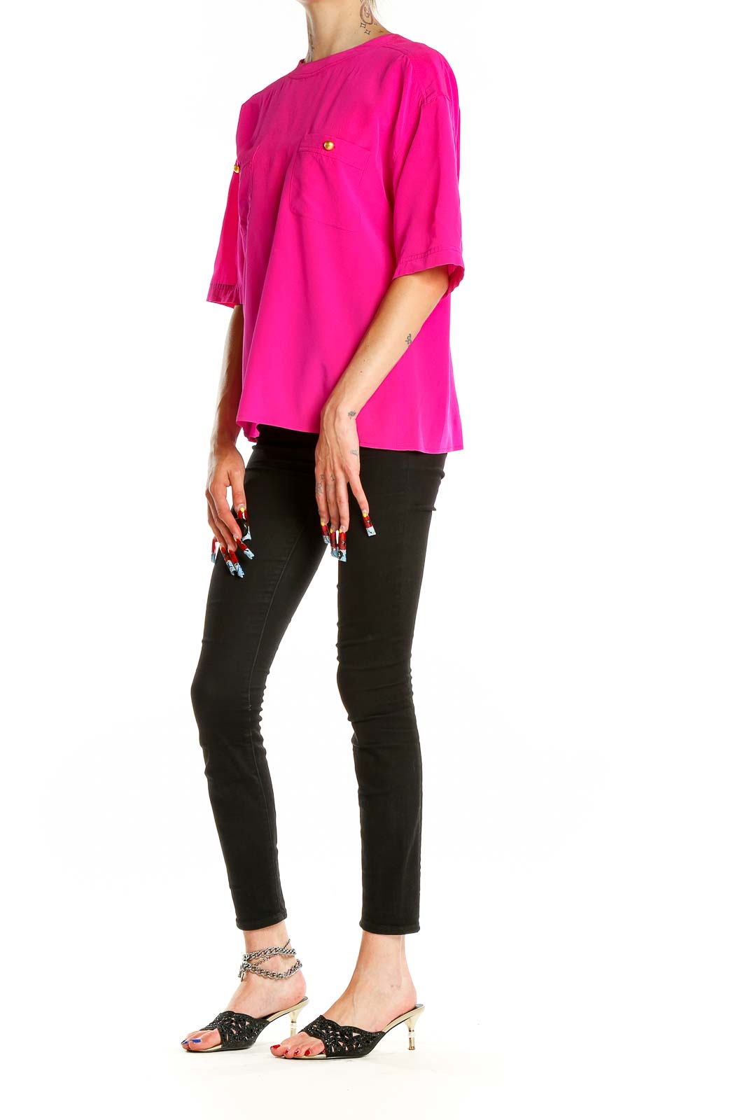 Front view of hot pink oversized Carlisle top with chest pockets