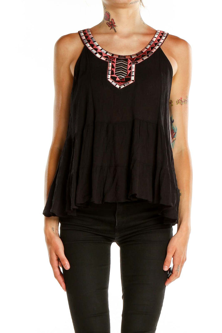 Front view of Black Flowy Tank Top with embellished neckline by Blue Rain