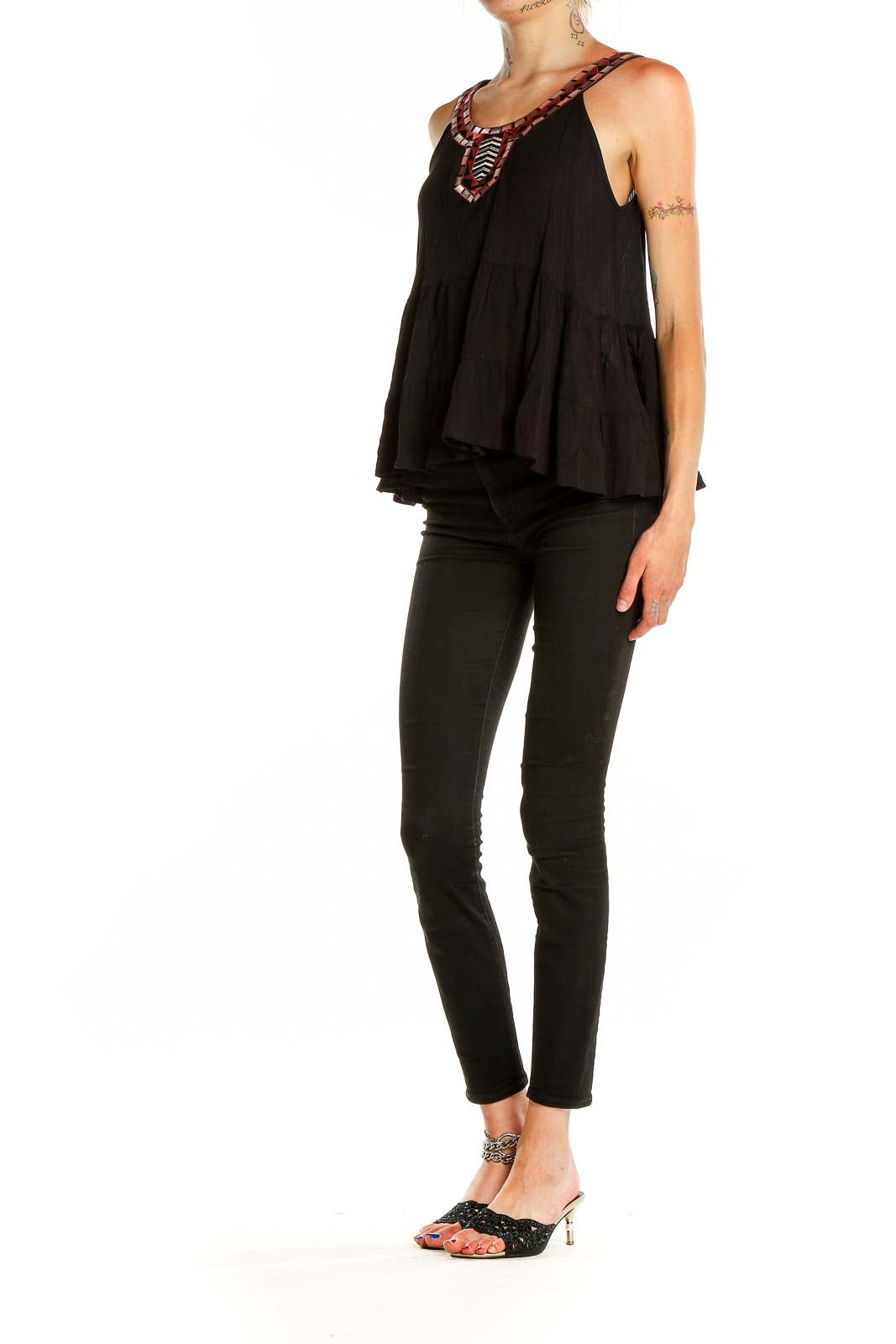 Front view of Black Flowy Tank Top with embellished neckline by Blue Rain