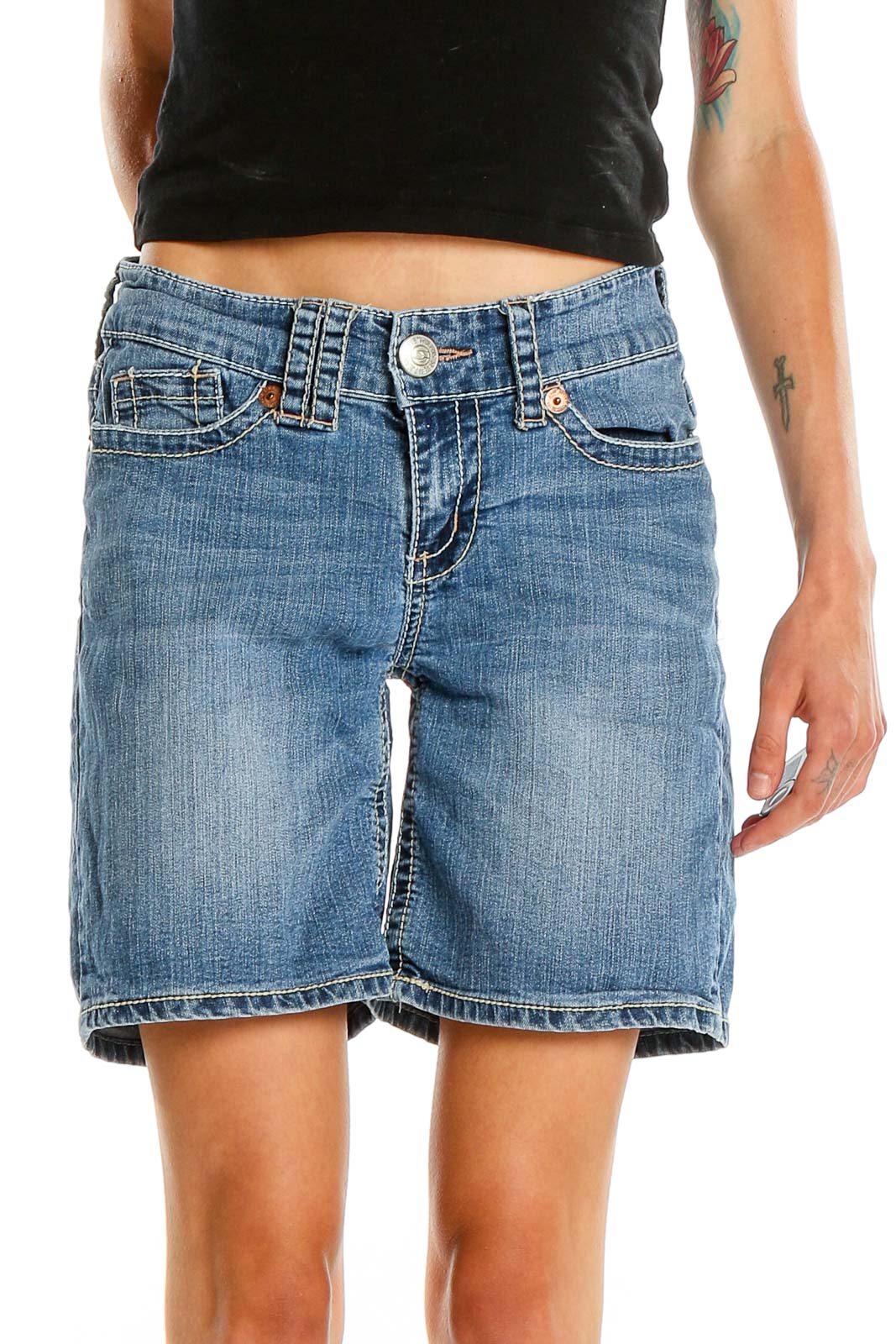 Front view of Seven7 blue denim Bermuda shorts on model