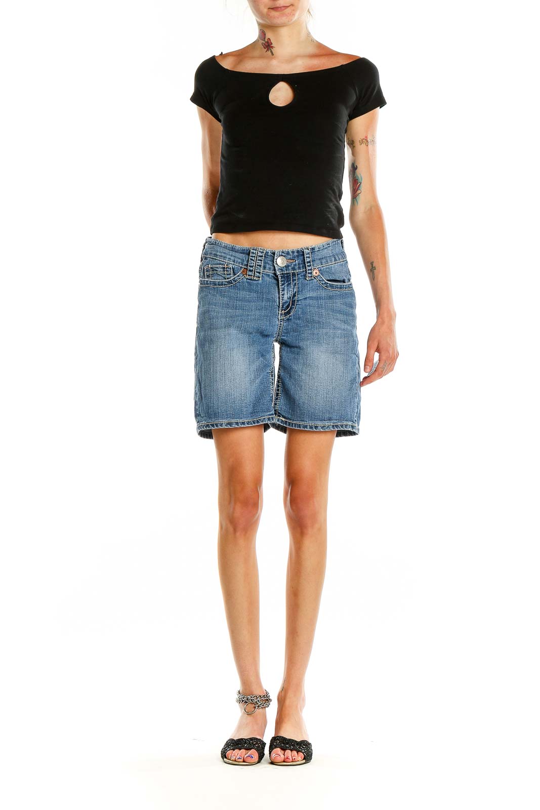 Front view of Seven7 blue denim Bermuda shorts on model