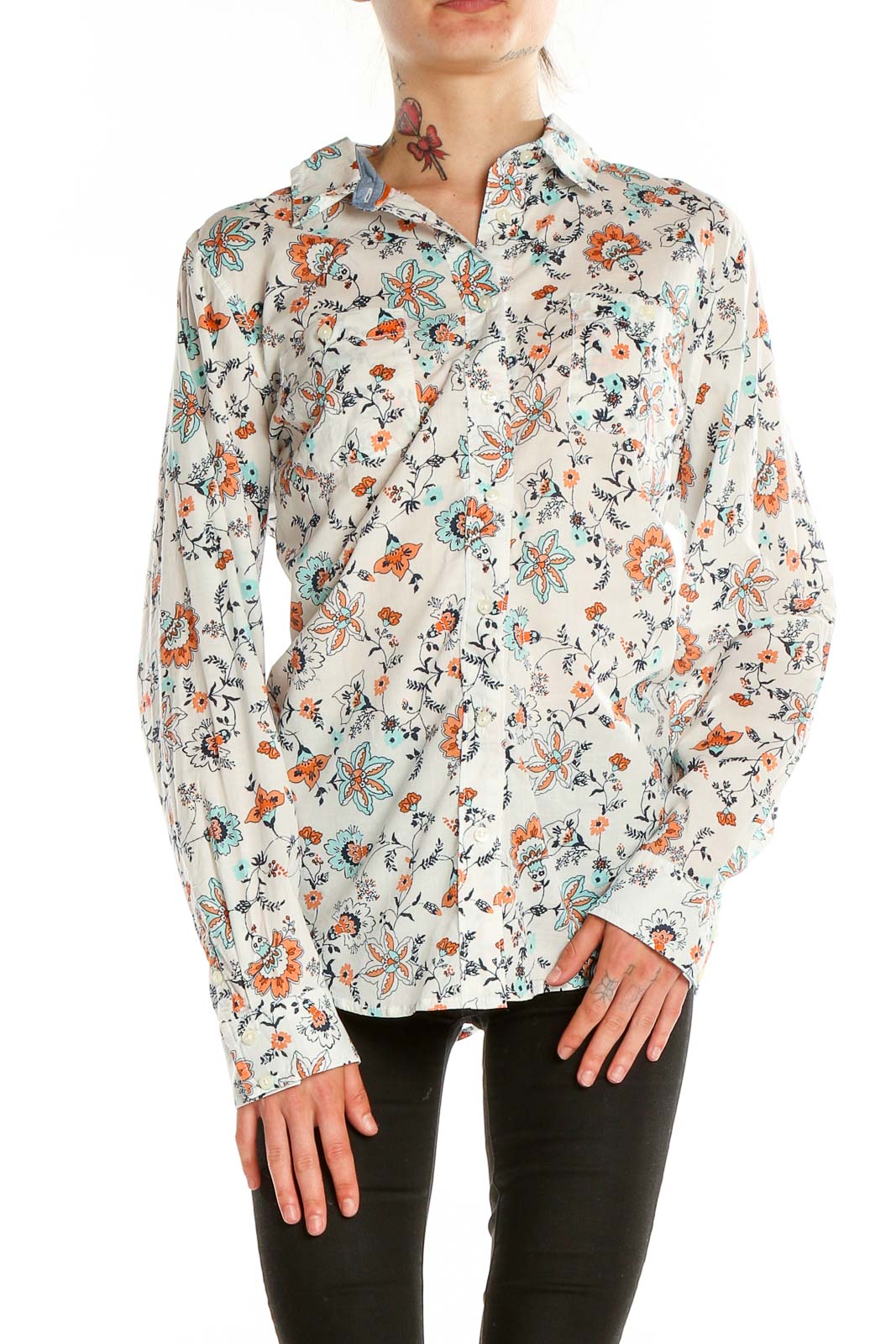 Front view of St. John's Bay white button-up shirt with blue and orange floral print