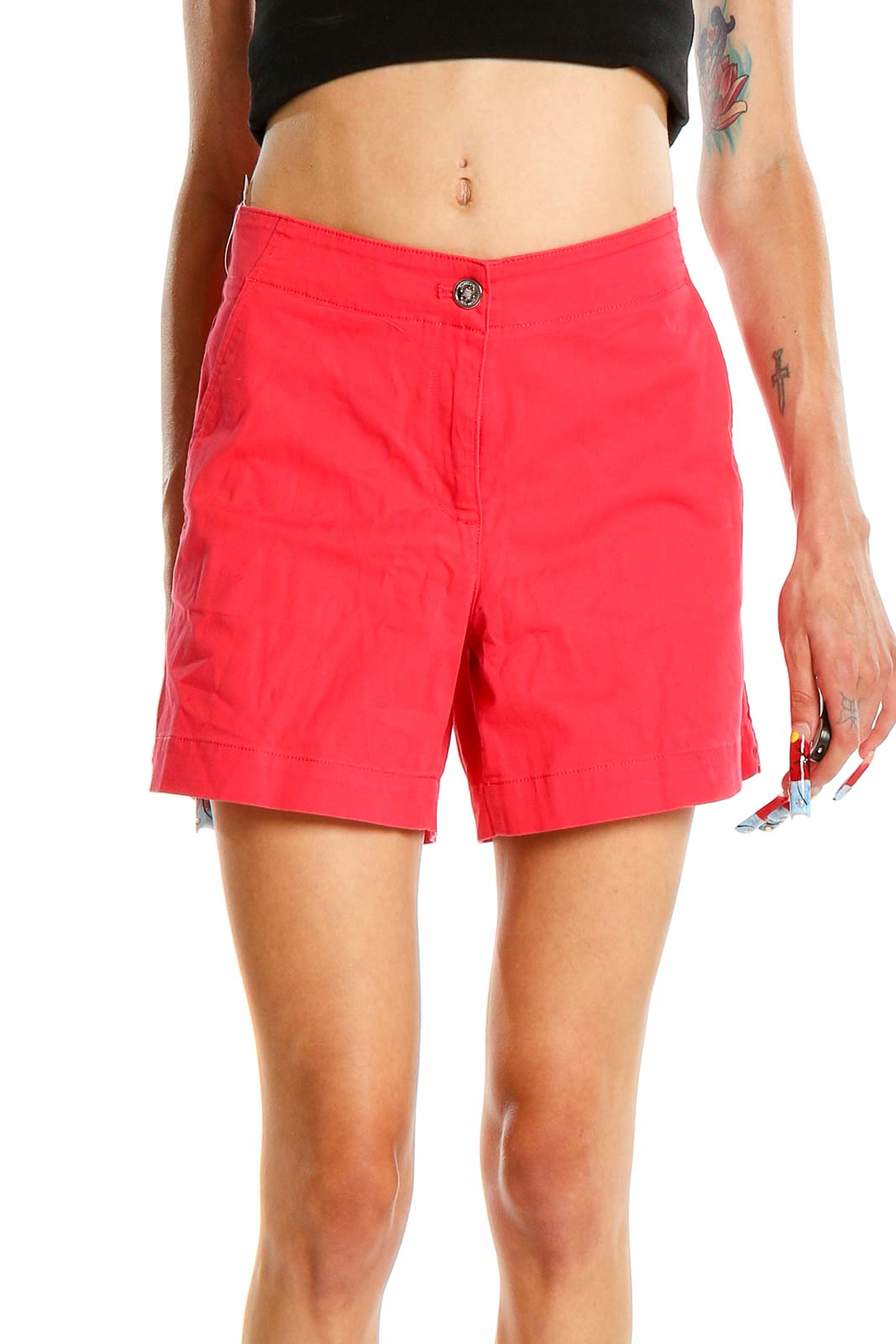 Front view of red NAUTICA chino shorts on model