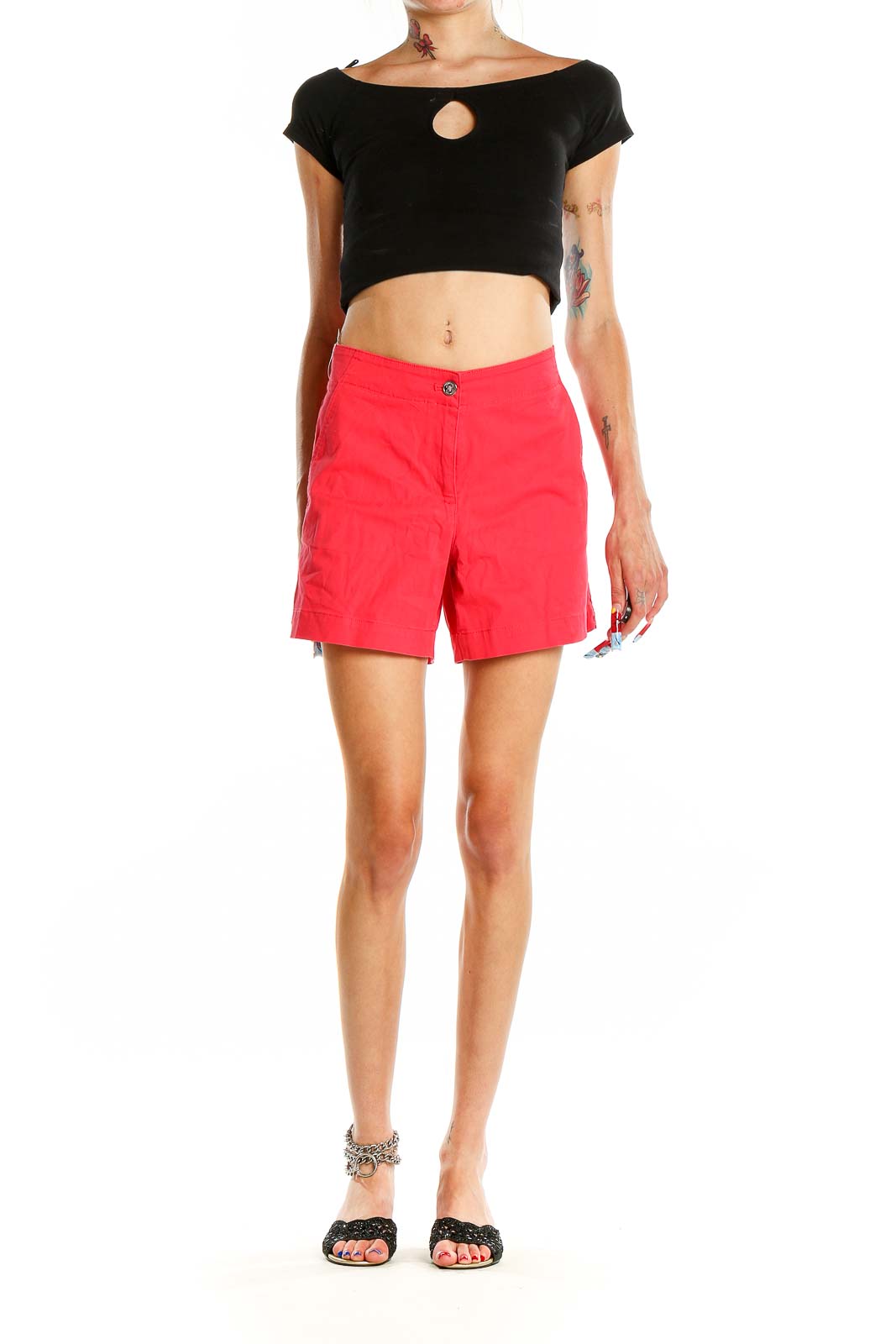 Front view of red NAUTICA chino shorts on model