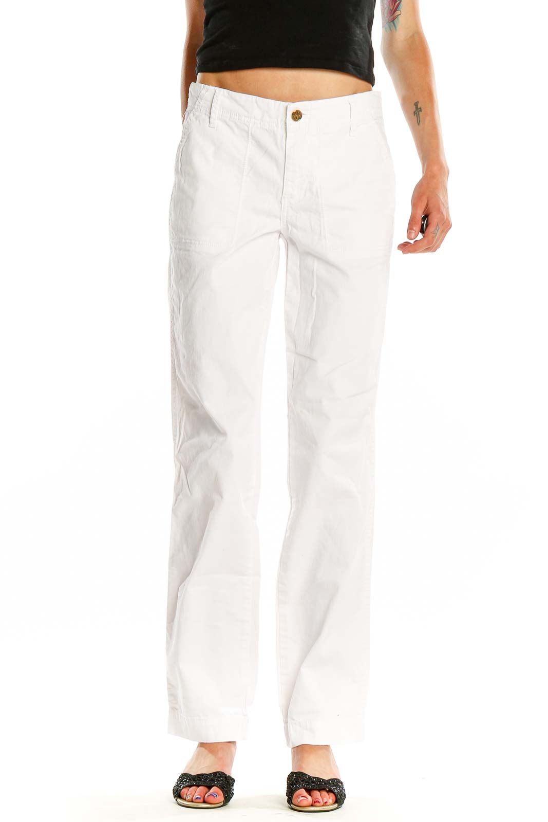 Front view of Tory Burch white classic straight-leg pants