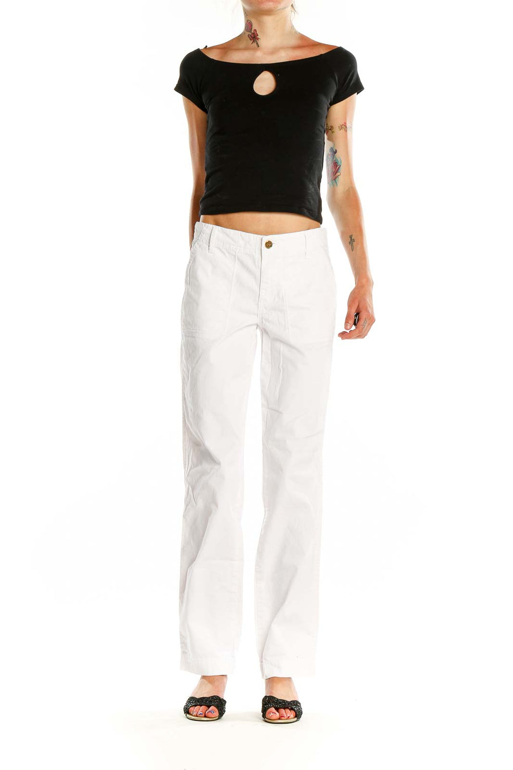 Front view of Tory Burch white classic straight-leg pants