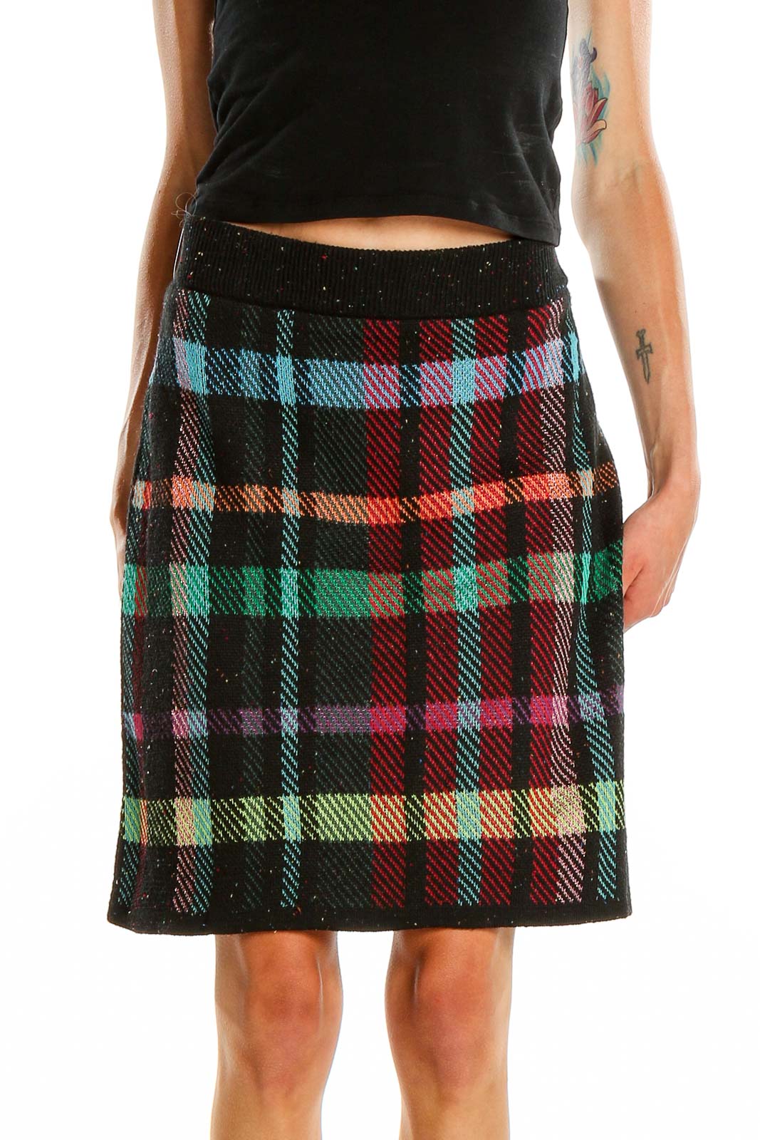 Front view of multicolor plaid wool skirt with sequined waistband