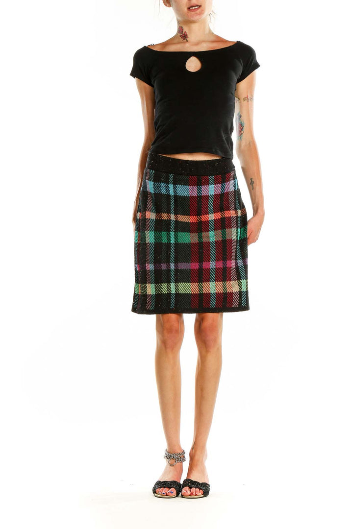 Front view of multicolor plaid wool skirt with sequined waistband