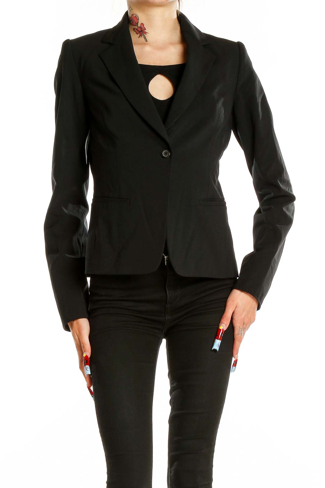 Front view of Elie Tahari black single-button blazer on model