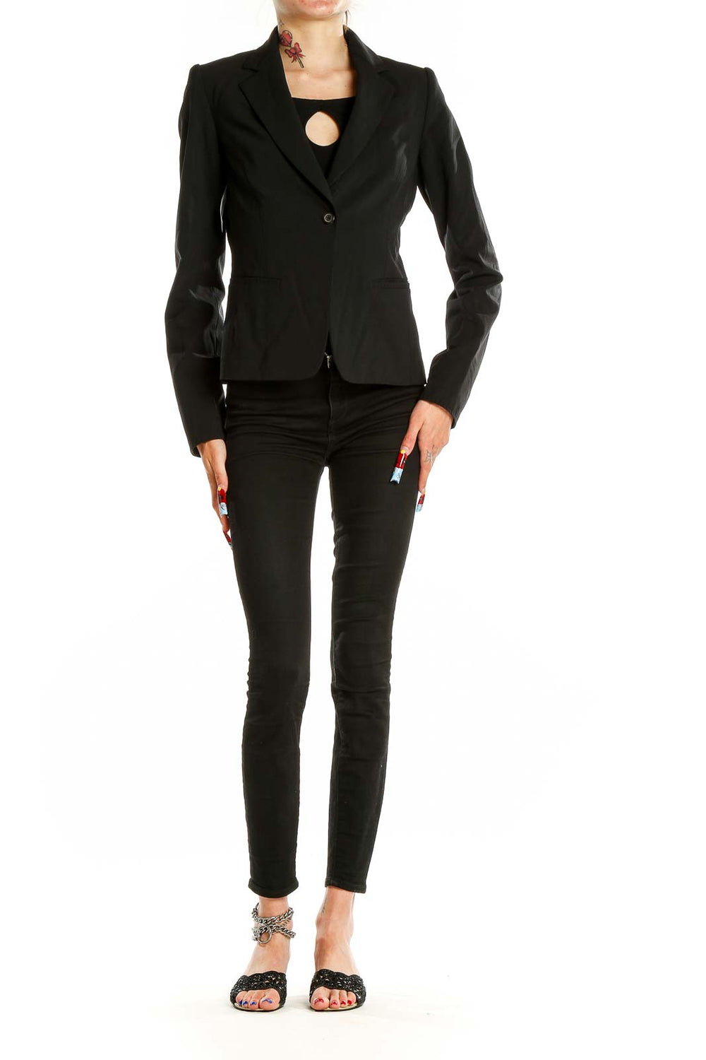 Front view of Elie Tahari black single-button blazer on model