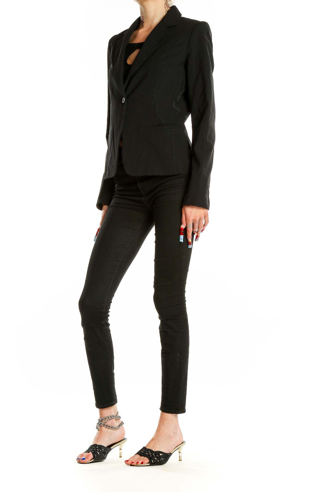 Front view of Elie Tahari black single-button blazer on model