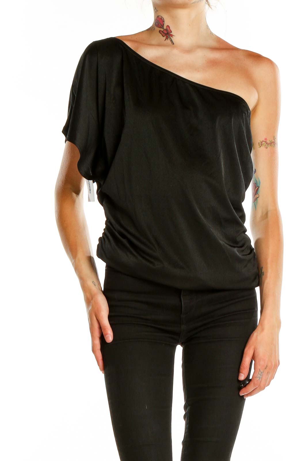 Front view of black one-shoulder draped top by MICHAEL Michael Kors