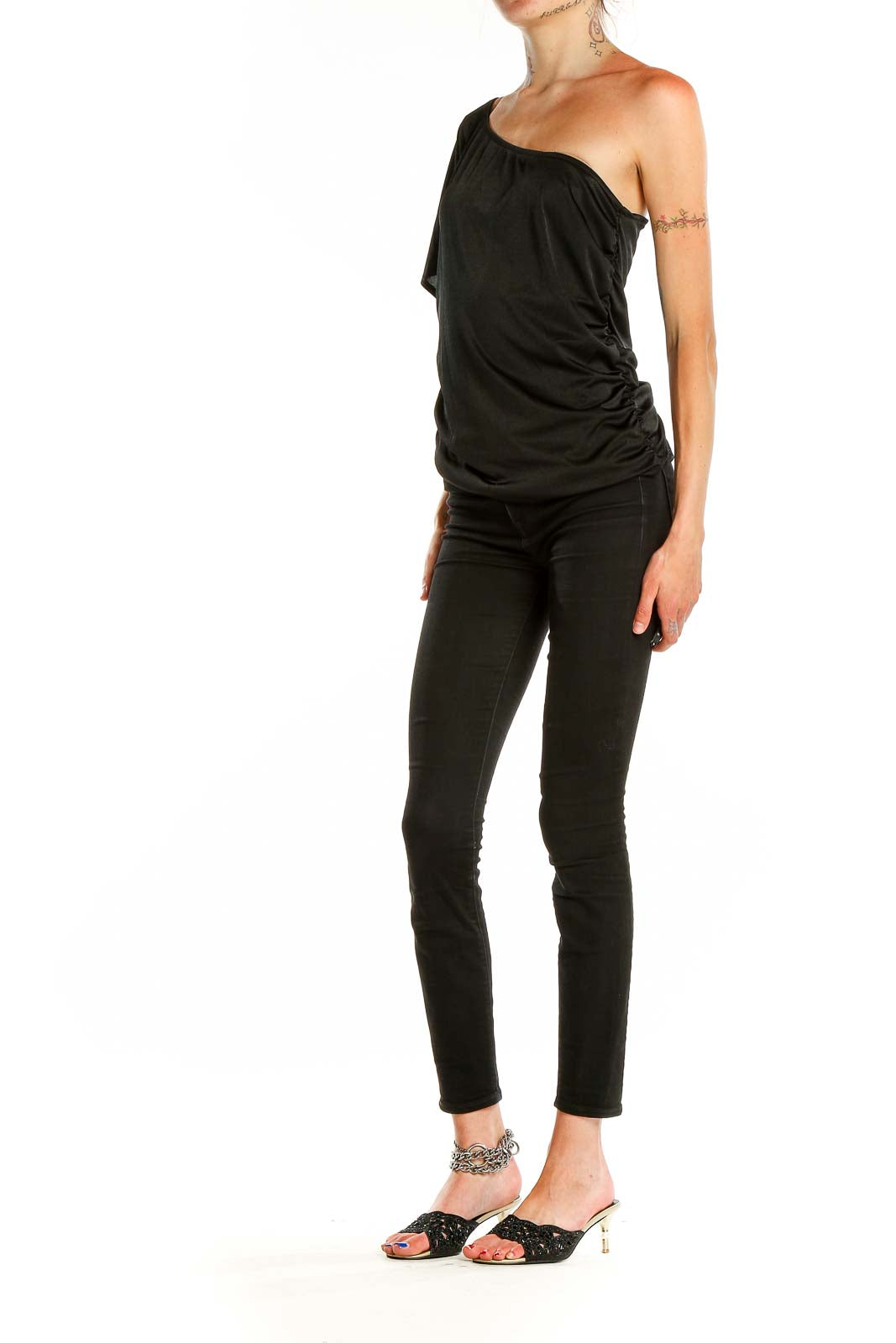 Front view of black one-shoulder draped top by MICHAEL Michael Kors