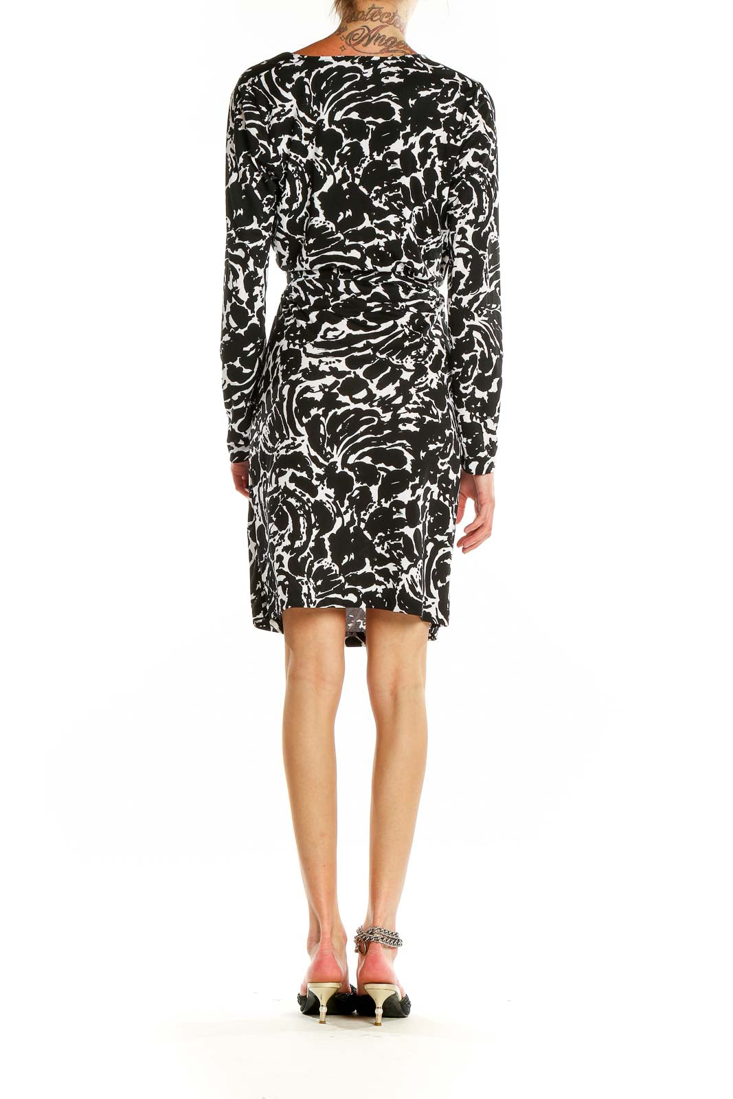 Back view of Jones New York Black and White Abstract Print Wrap Dress