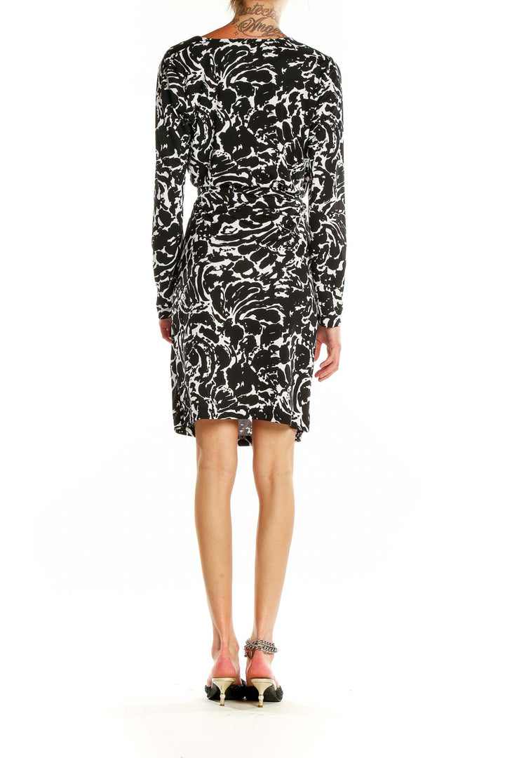 Back view of Jones New York Black and White Abstract Print Wrap Dress