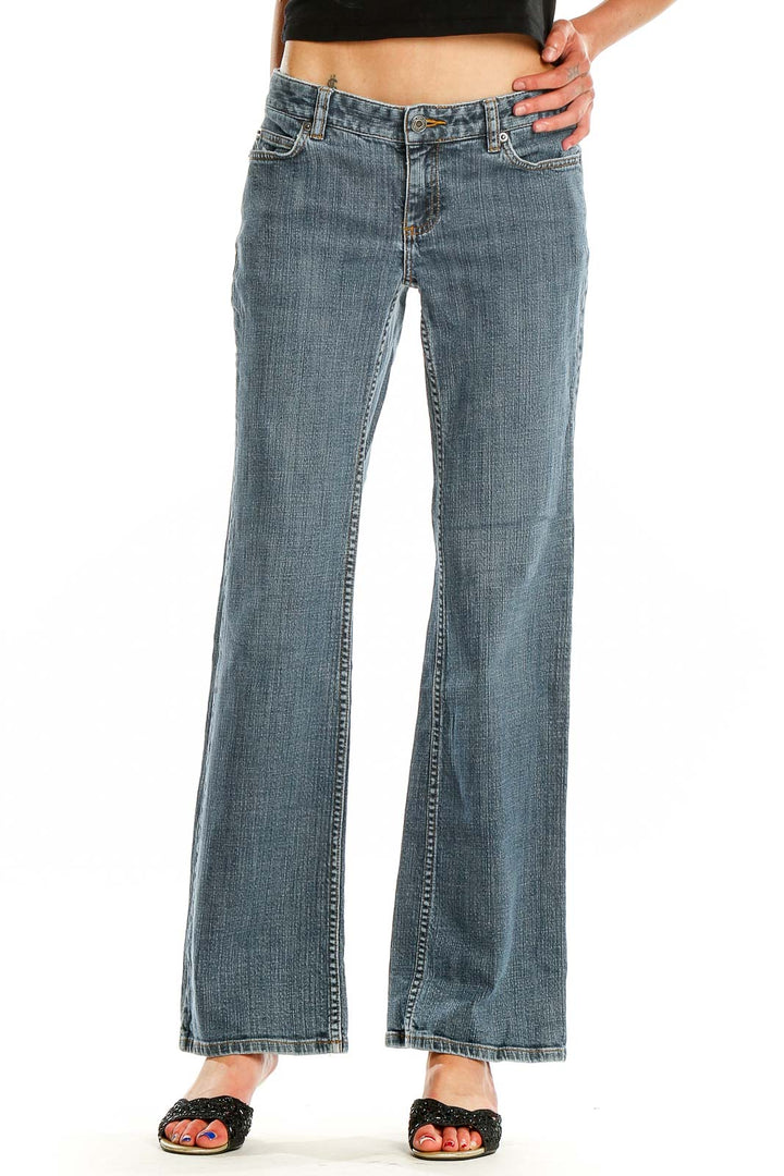 Front view of Michael Kors light blue wide-leg denim jeans