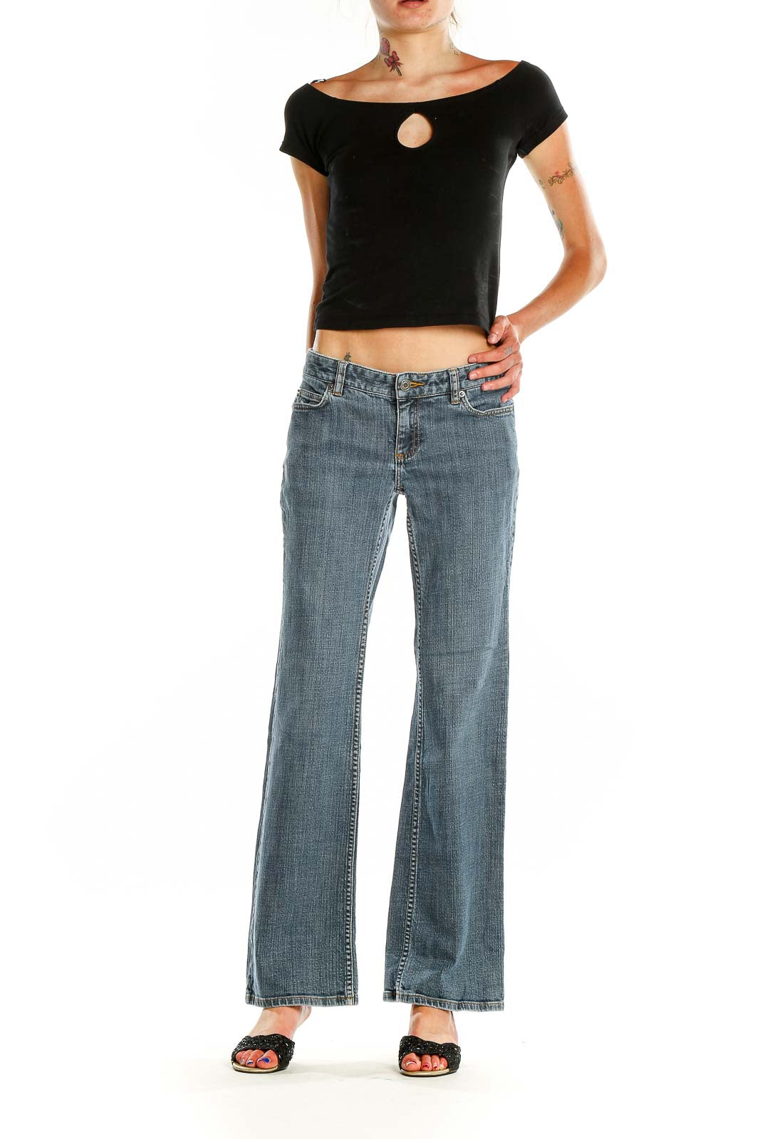 Front view of Michael Kors light blue wide-leg denim jeans