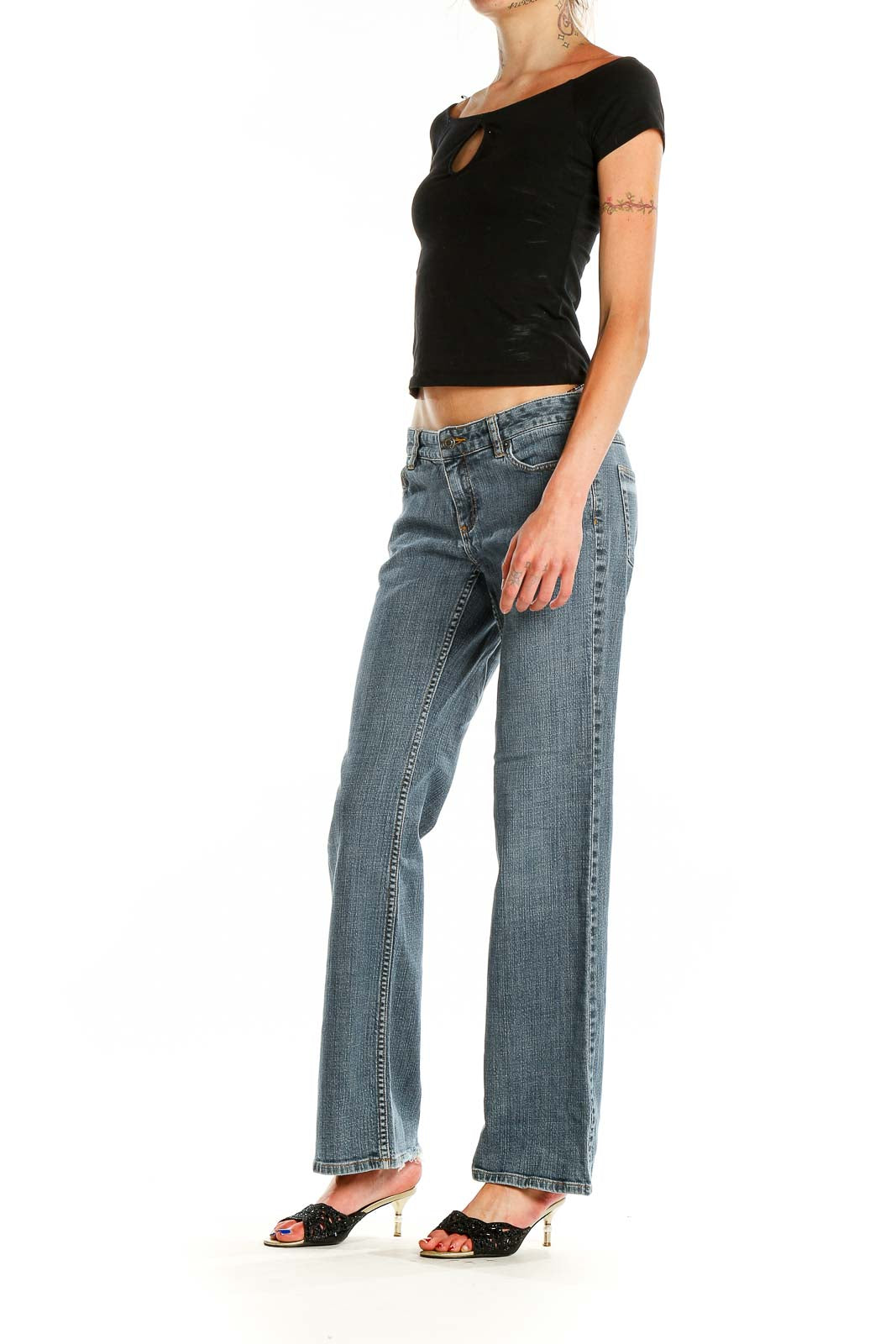 Front view of Michael Kors light blue wide-leg denim jeans