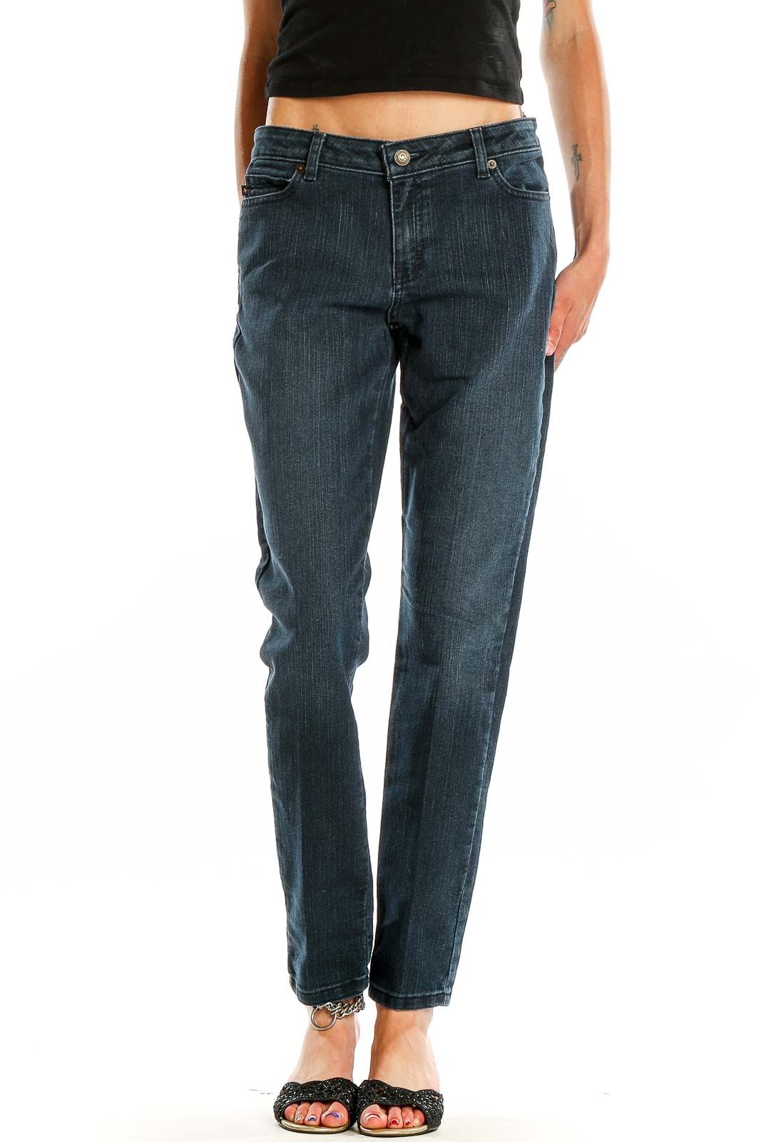 Front view of MICHAEL Michael Kors dark blue straight leg jeans