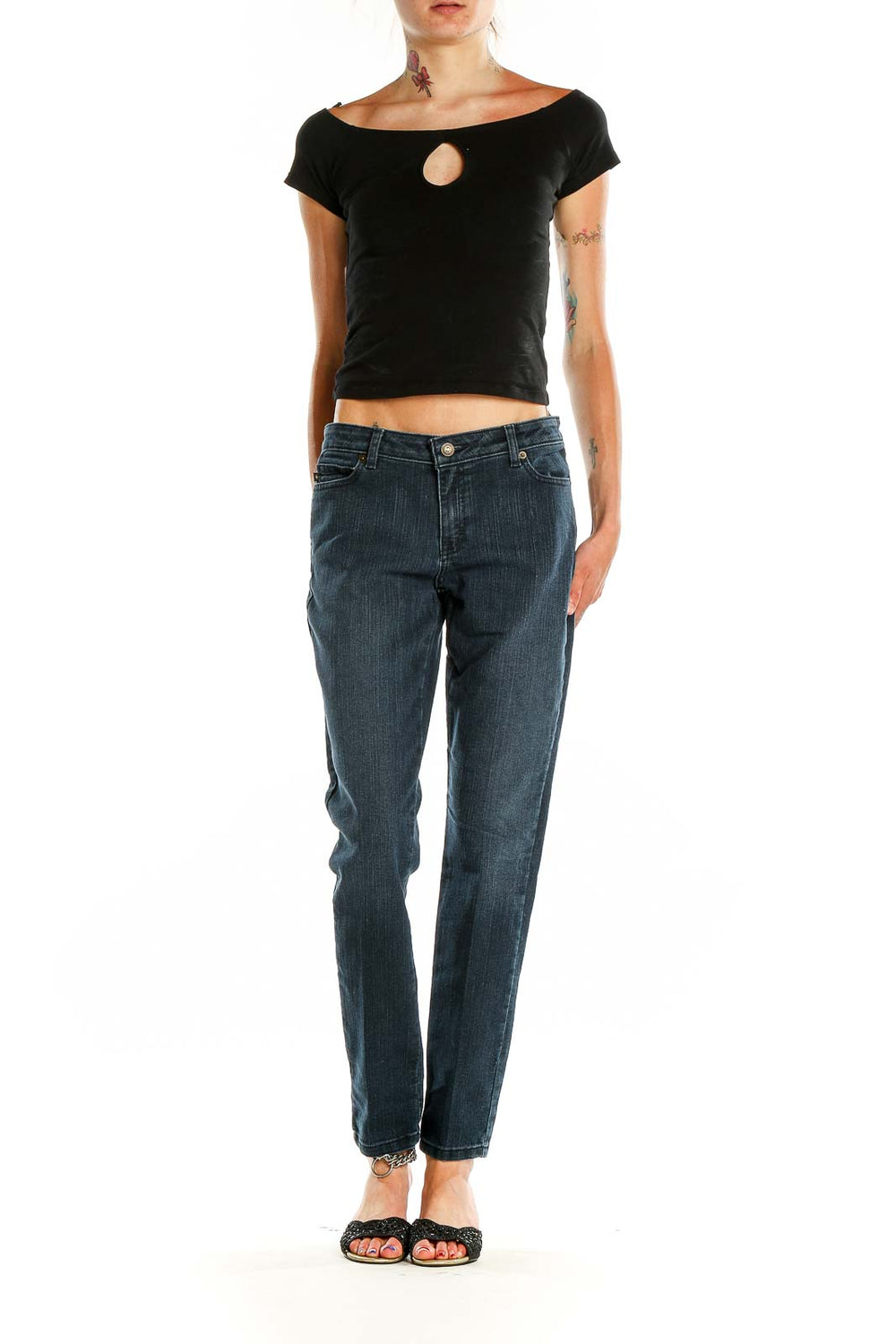 Front view of MICHAEL Michael Kors dark blue straight leg jeans