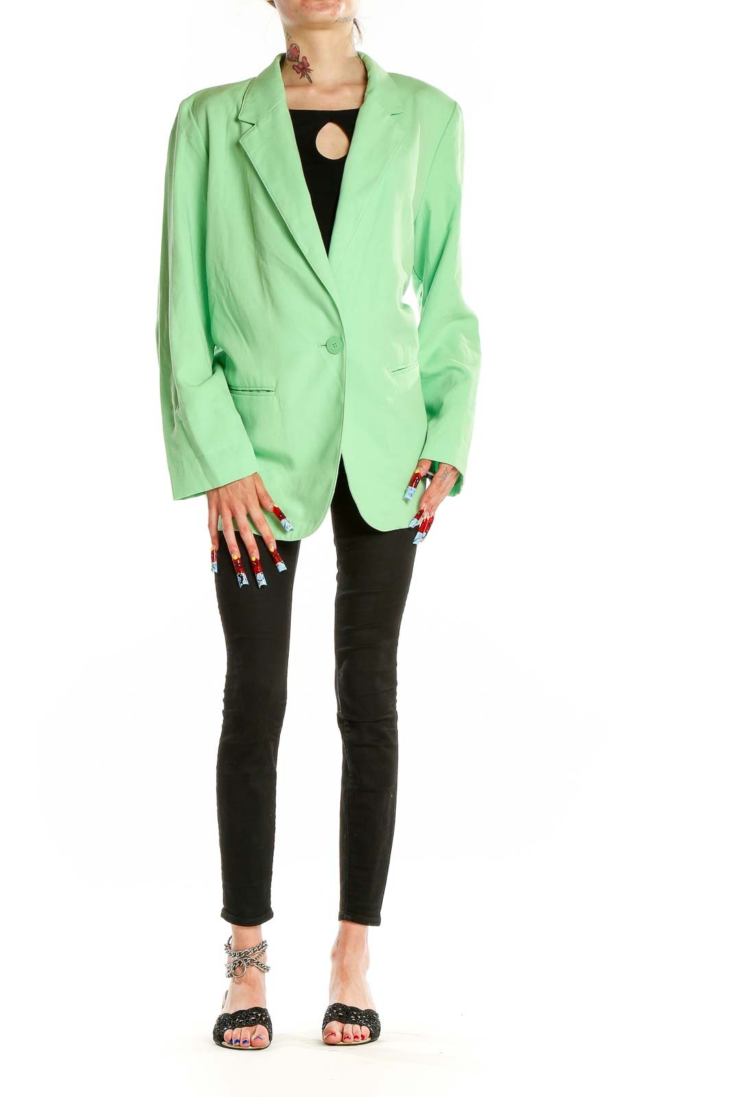 Front view of mint green SAG HARBOR oversized blazer jacket