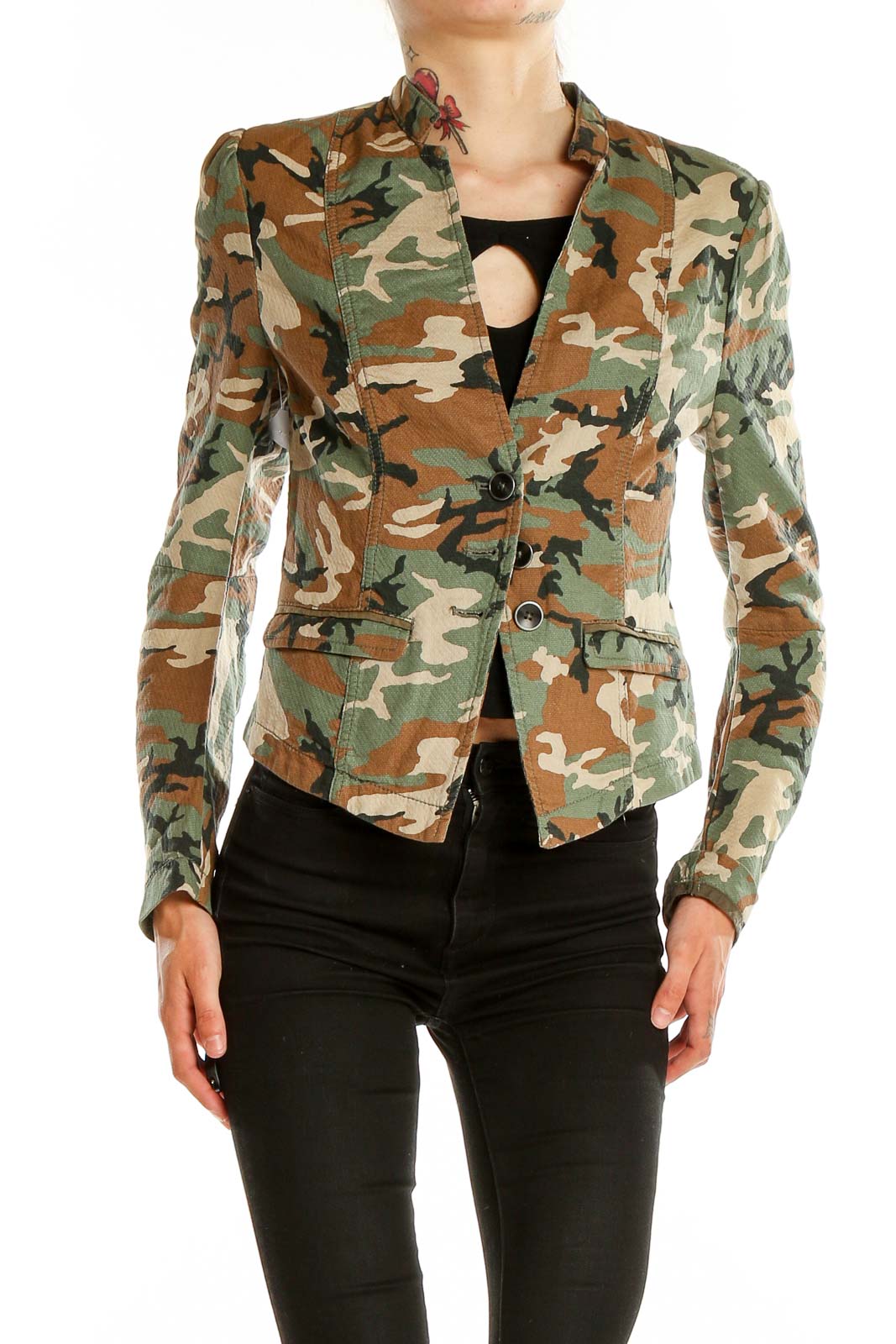 Front view of Free People camouflage print structured blazer